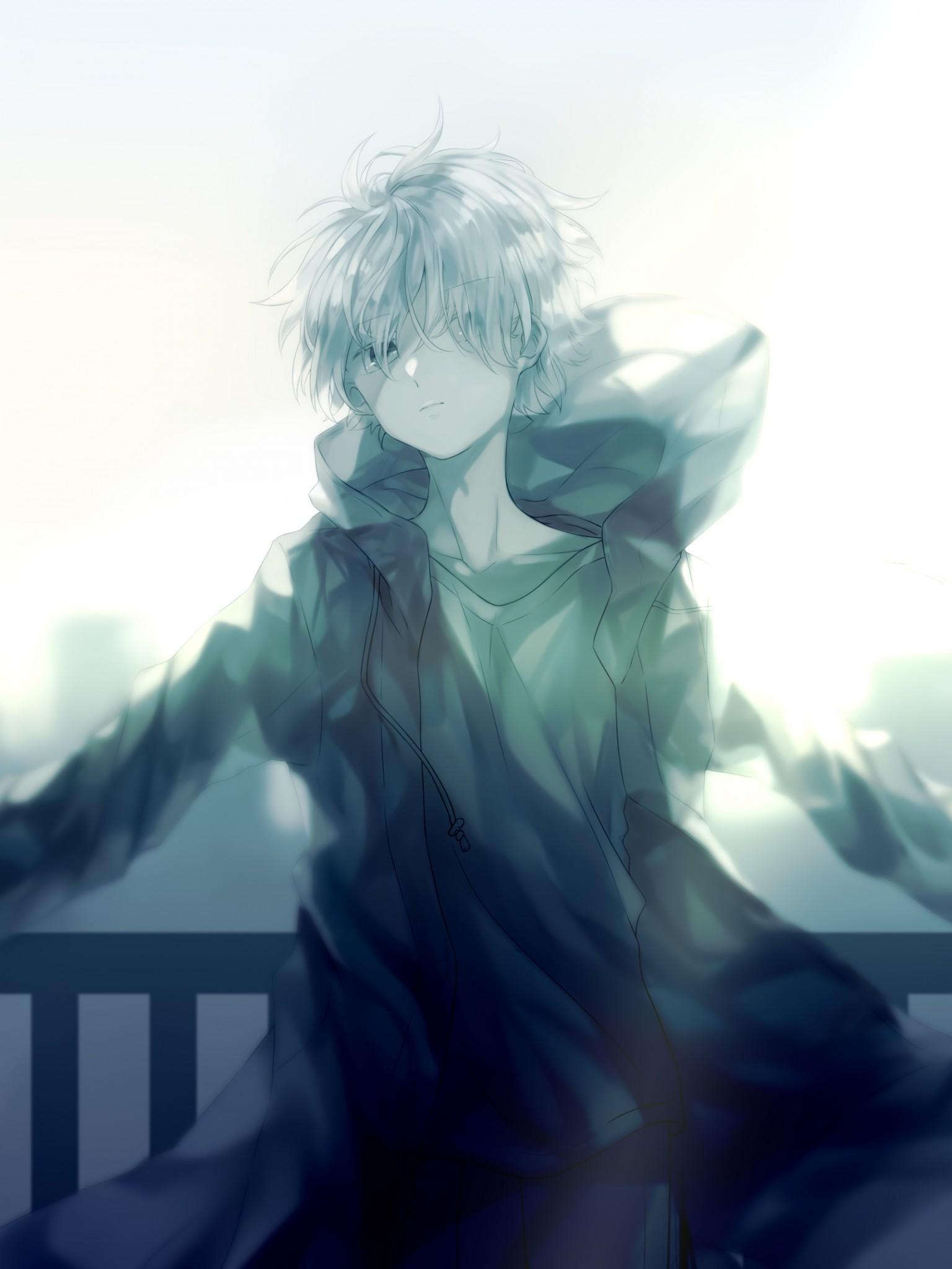 Download 1536x2048 Cool Anime Boy, Hoodie, White Hair, Fence