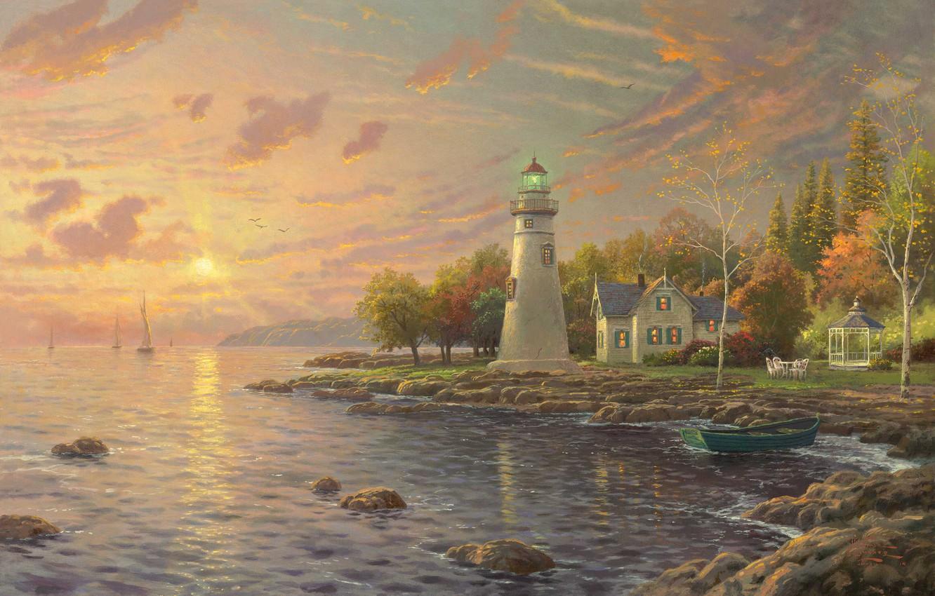 Wallpaper autumn, sunset, lake, house, boat, lighthouse, the evening, sail, calm, painting, gazebo, Thomas Kinkade, painting, Thomas Kinkade, Erie, Canada USA image for desktop, section живопись