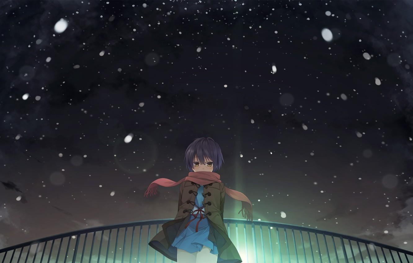 Wallpaper girl, snow, night, anime, art, The Melancholy