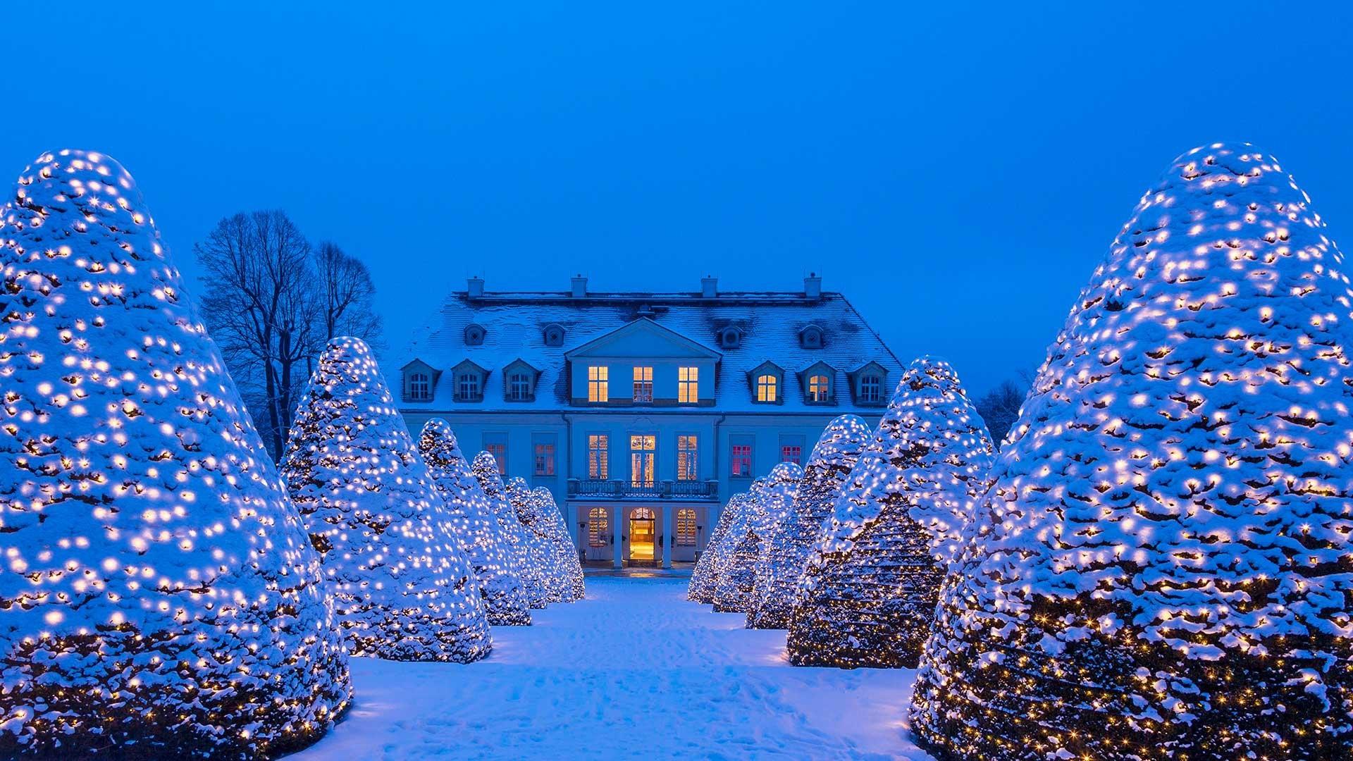 Wallpapers Germany, Saxony, snow, winter, lights, trees, night, castle, Christmas 1920x1080 Full HD 2K Picture, Image