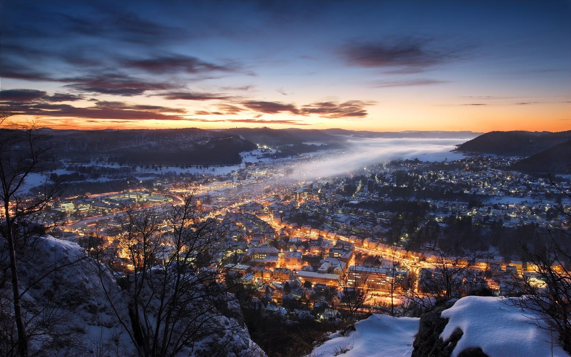 #mist, #winter, #cityscape, #clouds, #landscape, #Europe, #sunset, #Germany, #hills, #nature, #snow, #lights, #city wallpaper HD Wallpaper