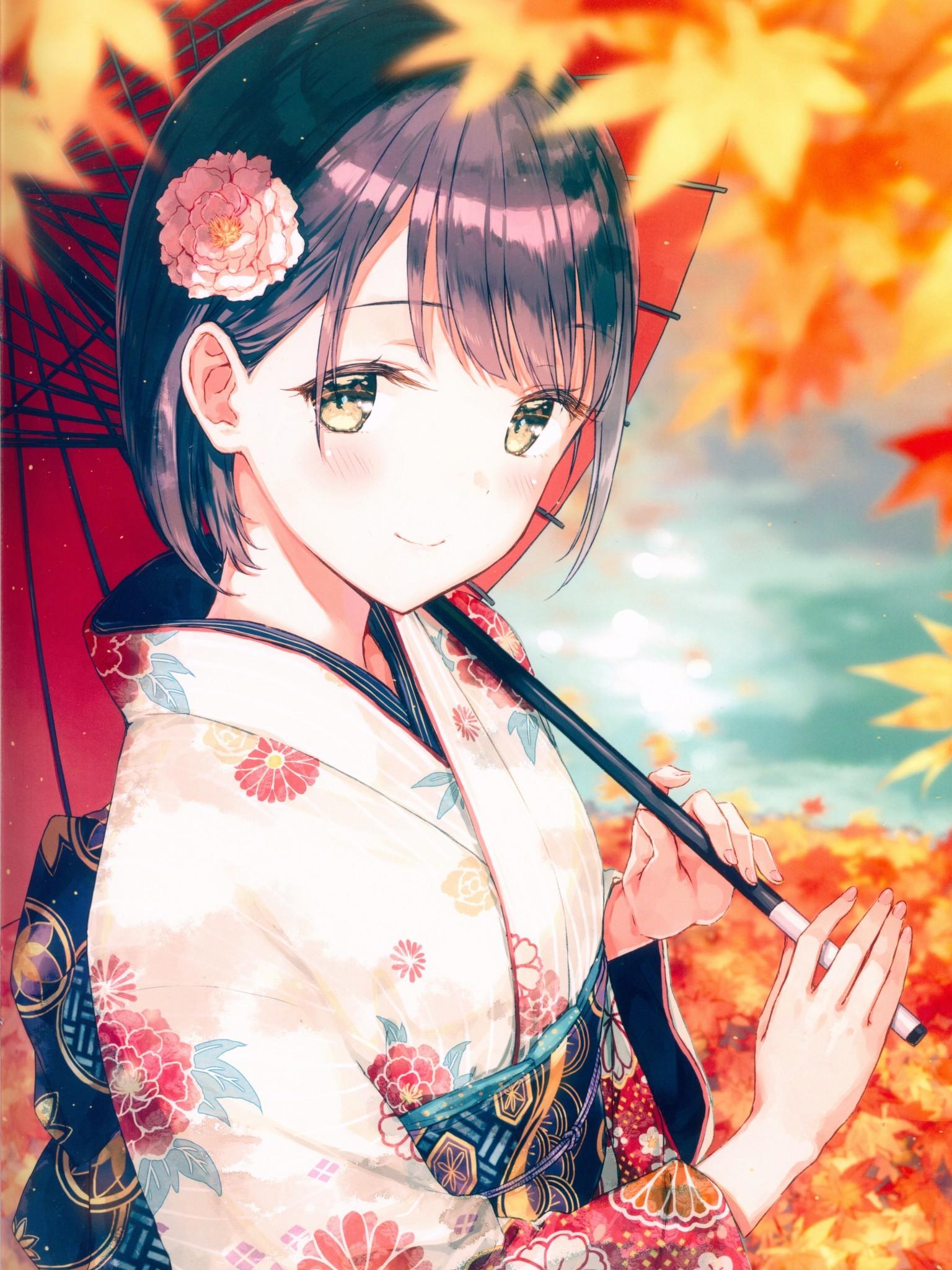 Download 1536x2048 Anime Girl, Kimono, Autumn, Leaves, Short