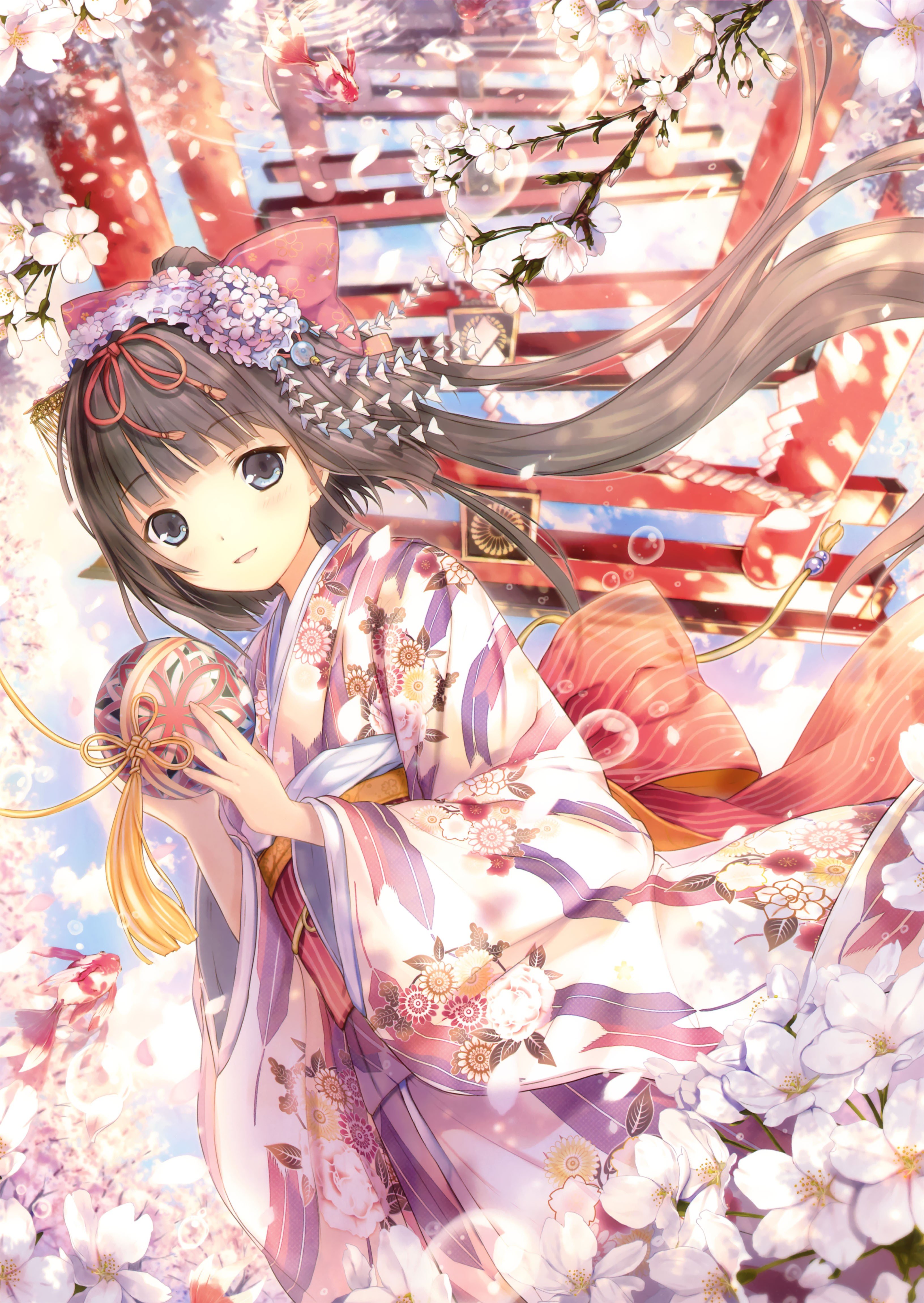 anime, brunettes, characters, flower, flowers