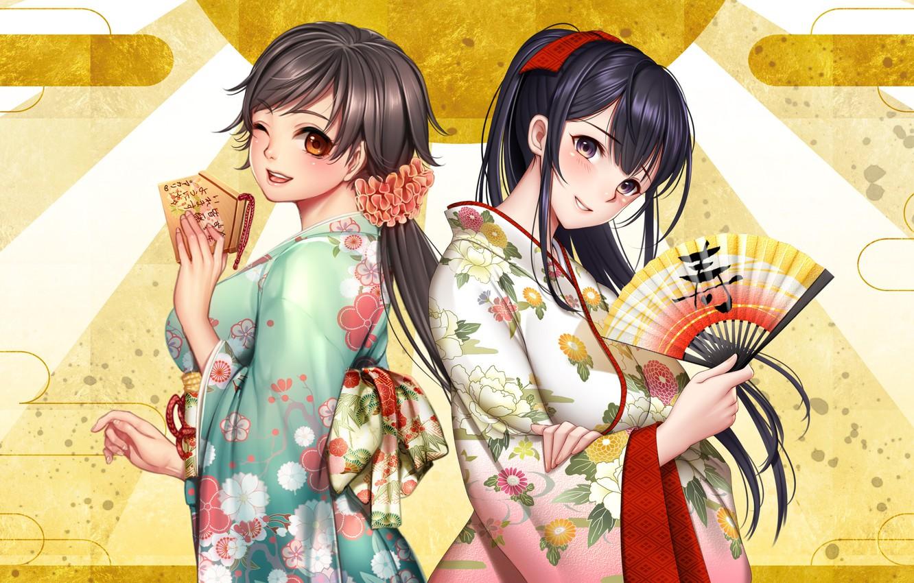 Wallpaper girls, fan, kimono, yukata, anime, art, masami