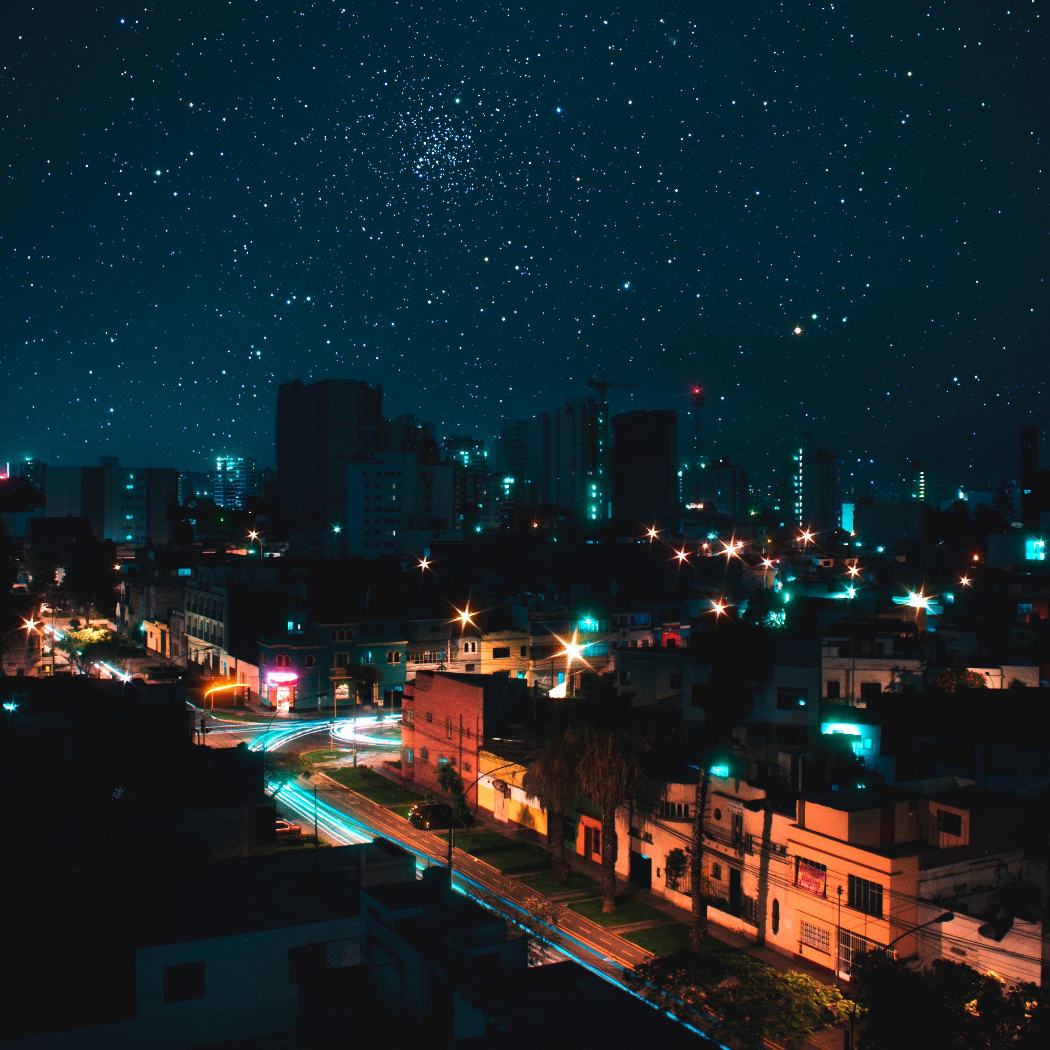 Download wallpaper 3415x3415 night city, view from above