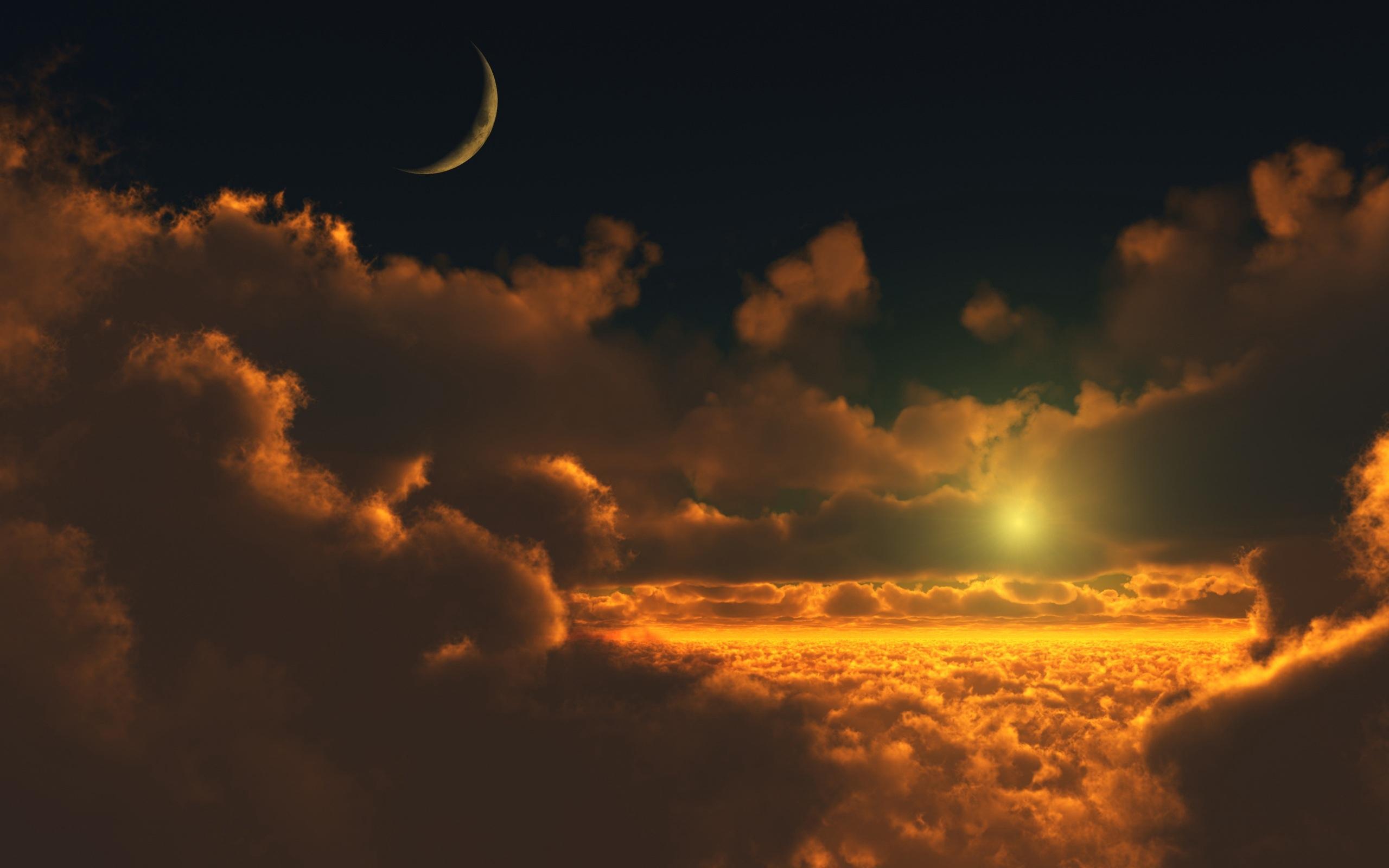 Download wallpaper 2560x1600 clouds, sun, moon, height HD