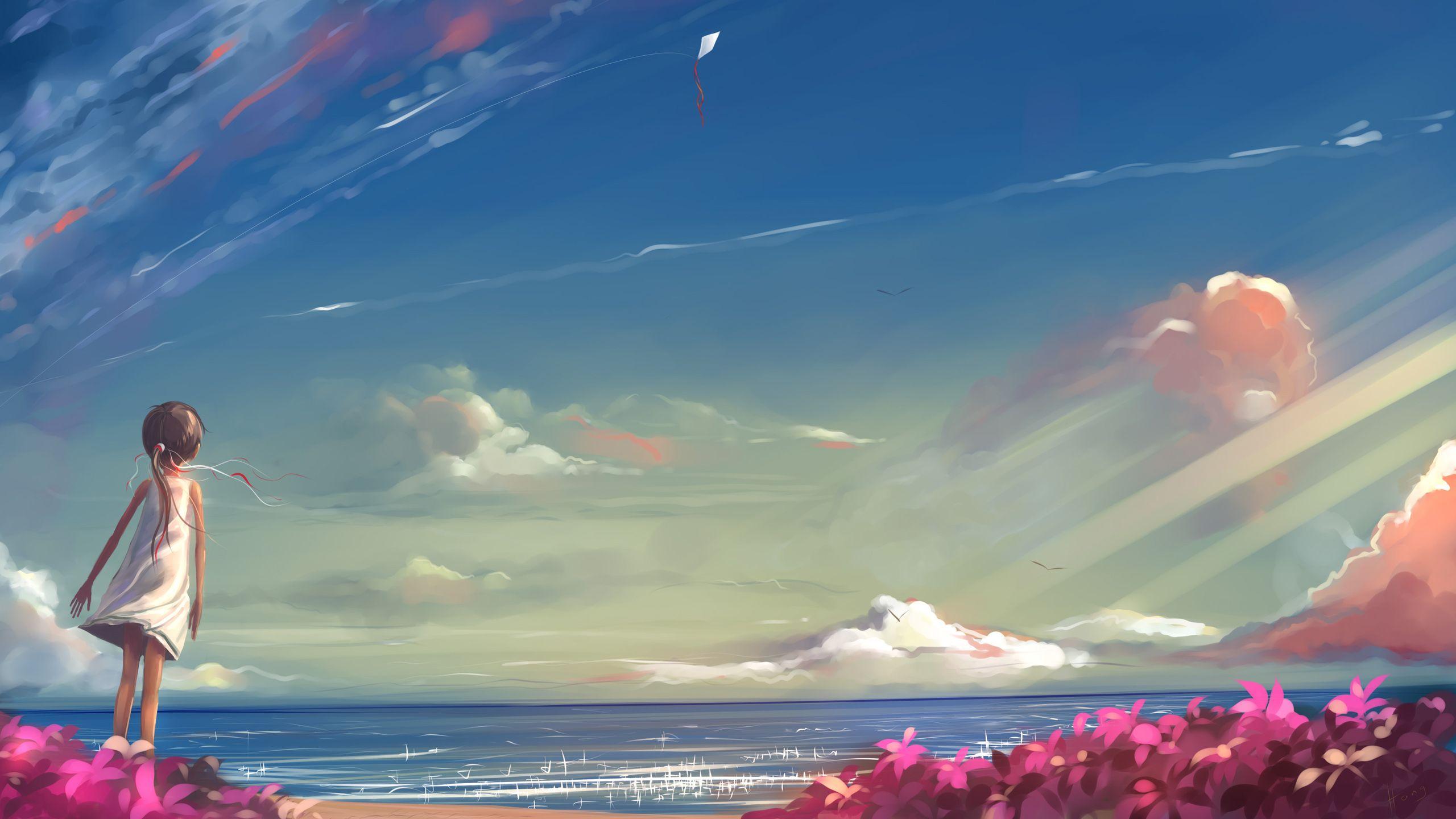 Anime Drawing Clouds Kite Ocean Beach Child original sky