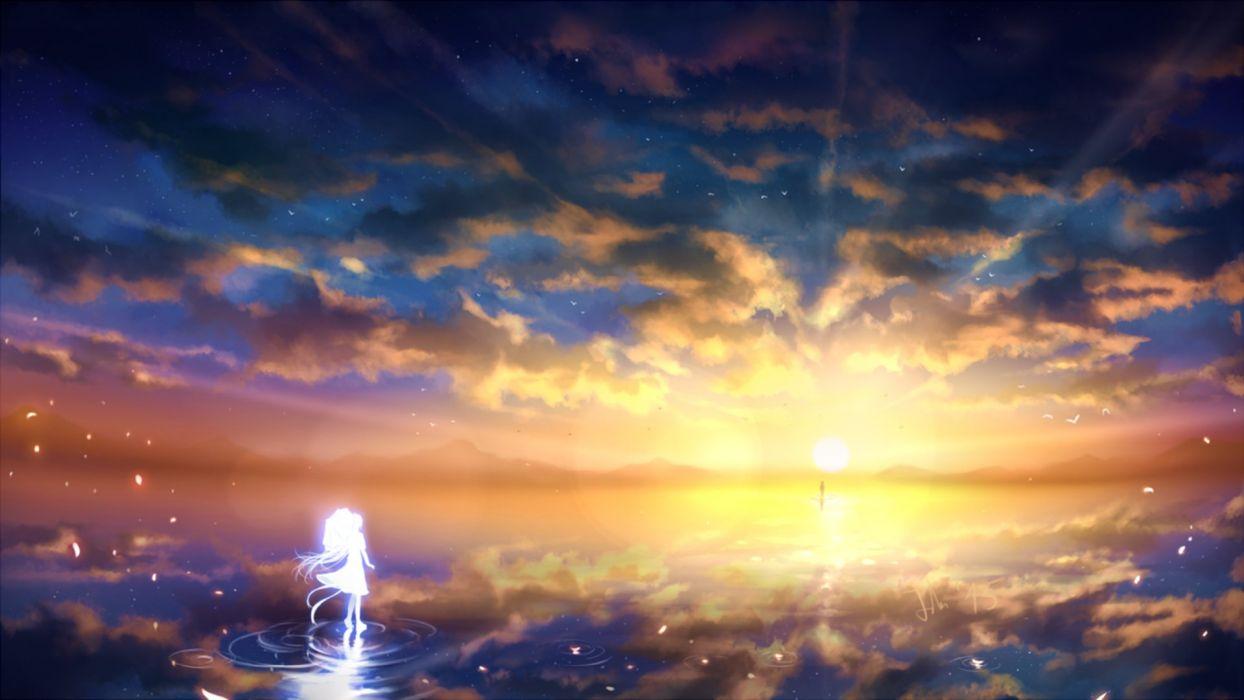 Anime girl sunset sky clouds beauty landscape wallpapers