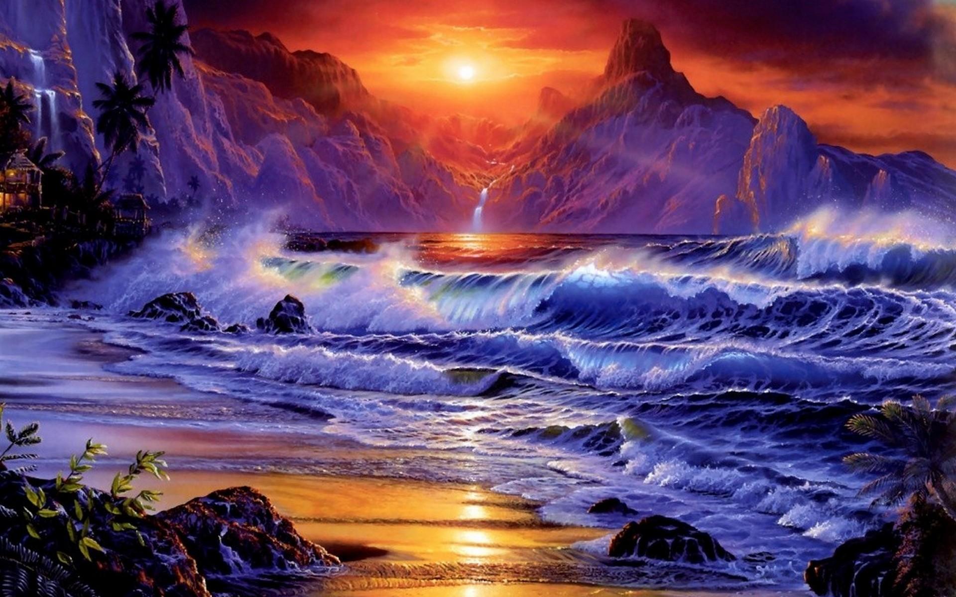sunset, Ocean, Waves, Fantasy, Art, Artwork Wallpaper HD