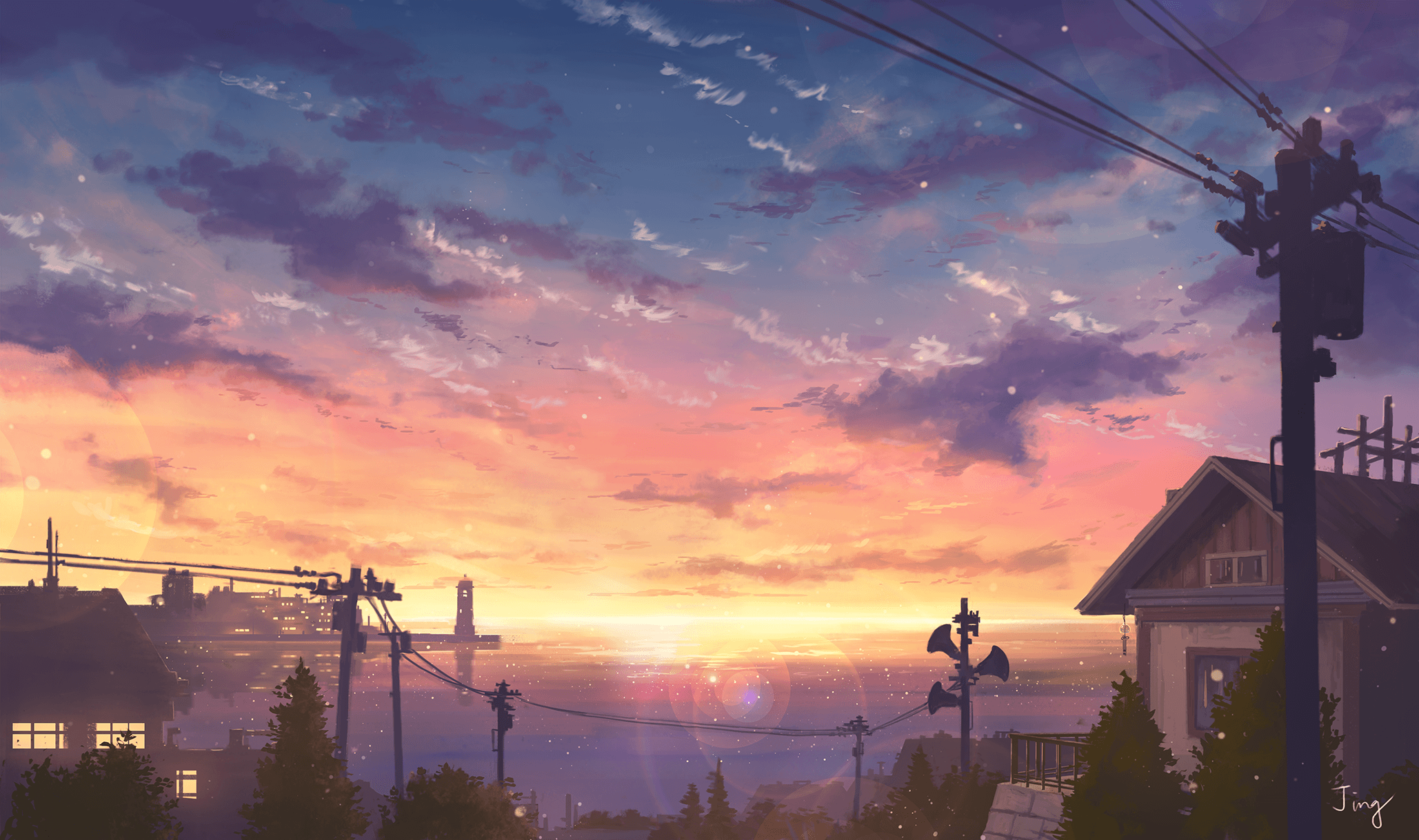 Sunset, Town, Ocean wallpaper and background. Anime