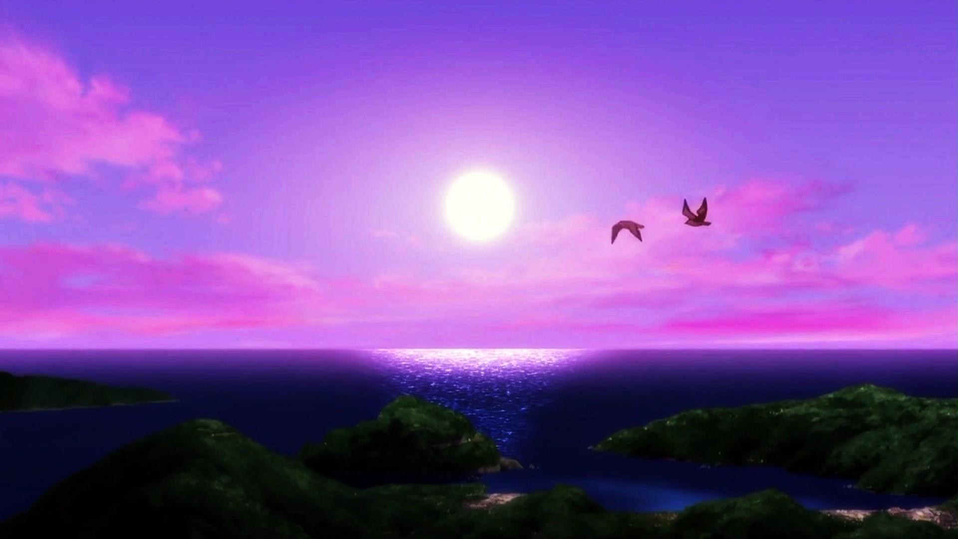 sunset ocean beach birds anime natsuiro kiseki skies