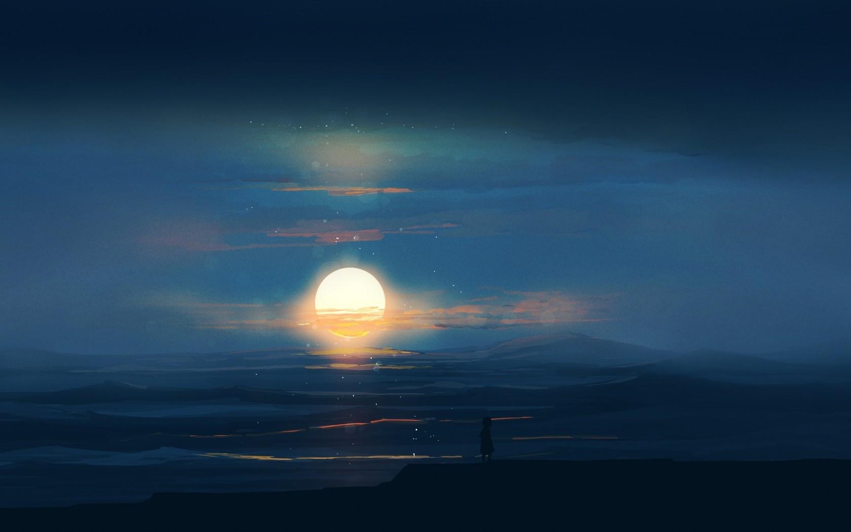 Download 1680x1050 Anime Landscape, Sunset, Horizon, Ocean