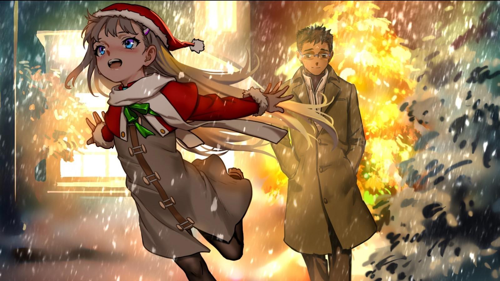 Download 1600x900 Anime Girl And Boy, Christmas 2018, Snow