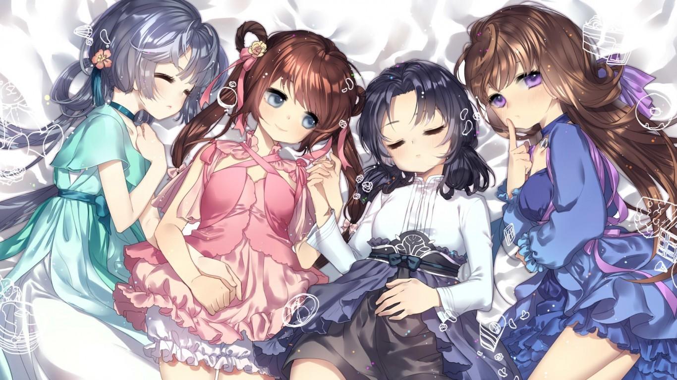Download 1366x768 Anime Girls, Sleeping, Dress, Lying Down