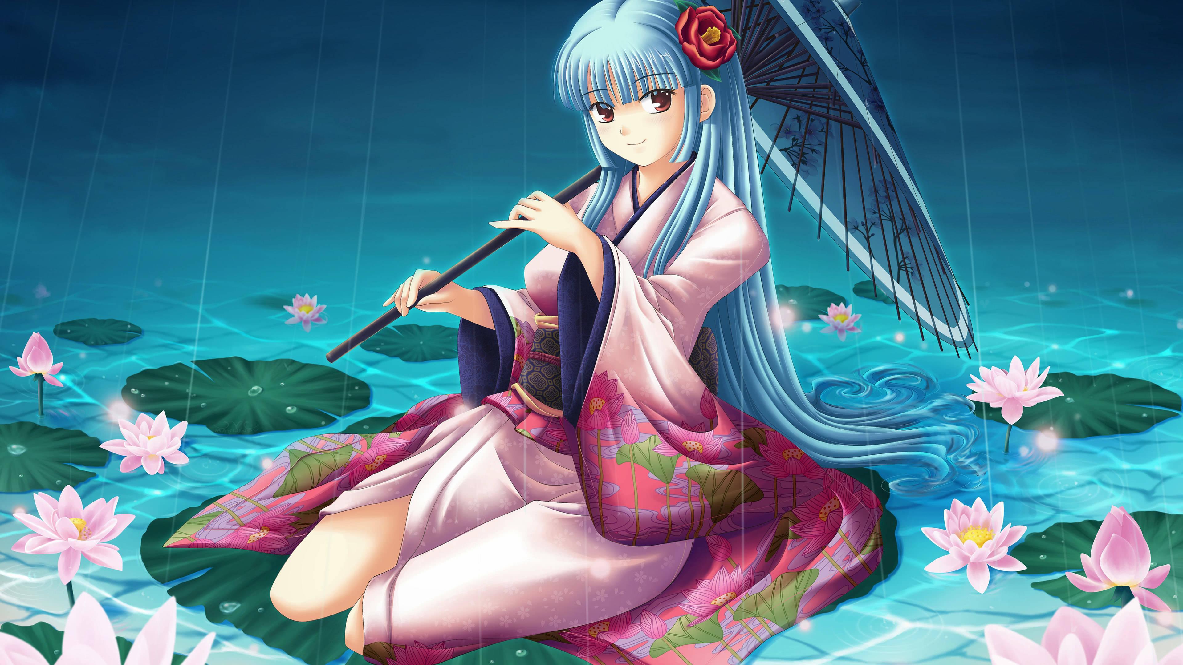 Anime Girl In Kimono On Water Lily UHD 4K Wallpaper