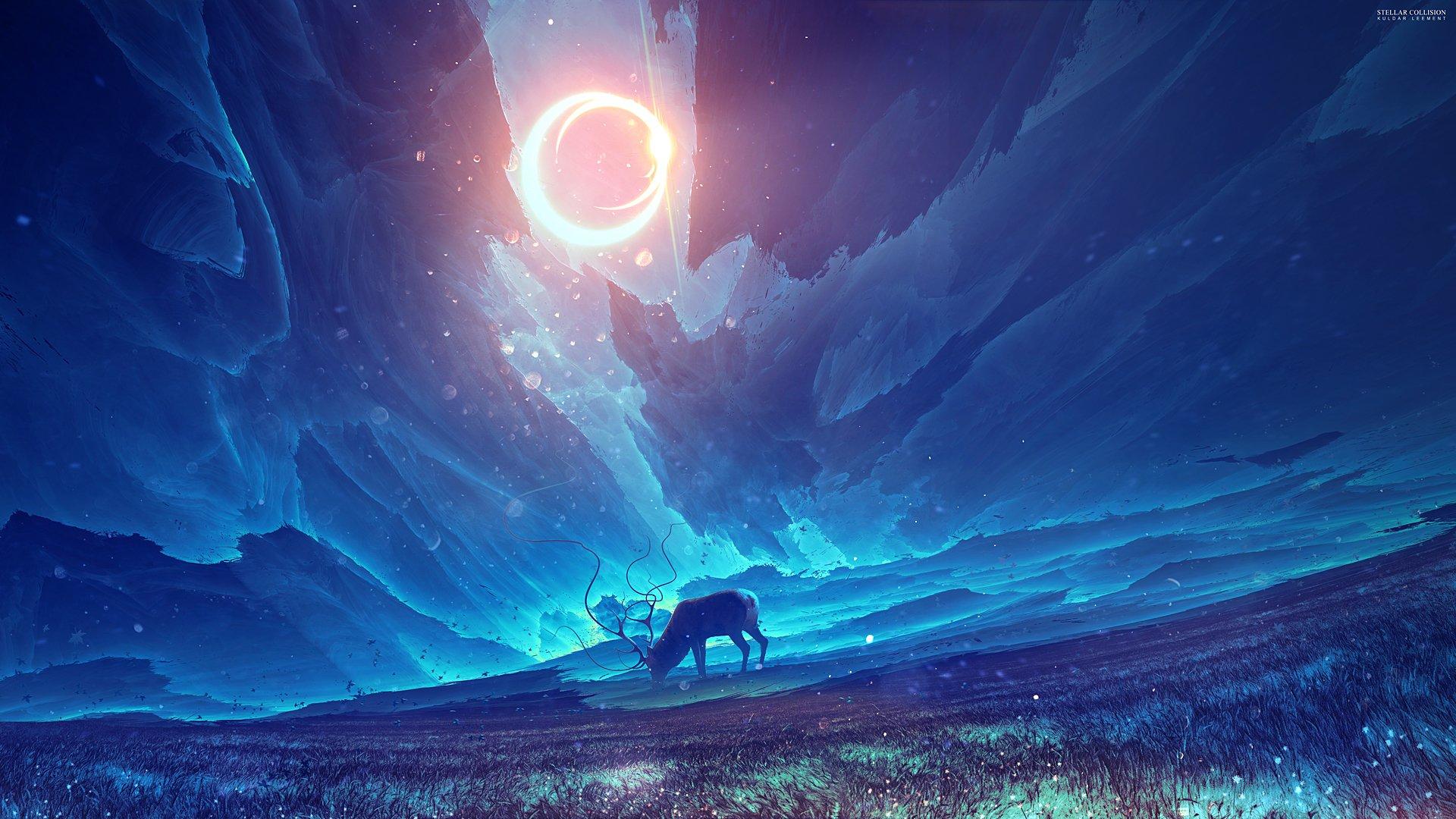 horn, Anime, Sky, Blue, Moon, Animal Wallpaper HD / Desktop