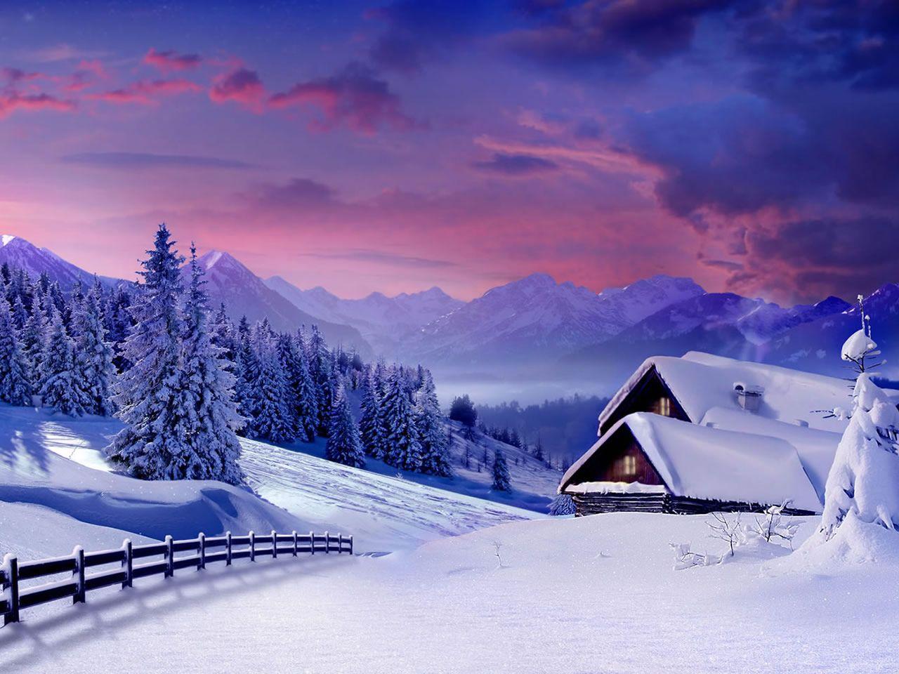 Pink Sunset Wallpaper Winter Cabins Fence Pines Purple Sky Snow