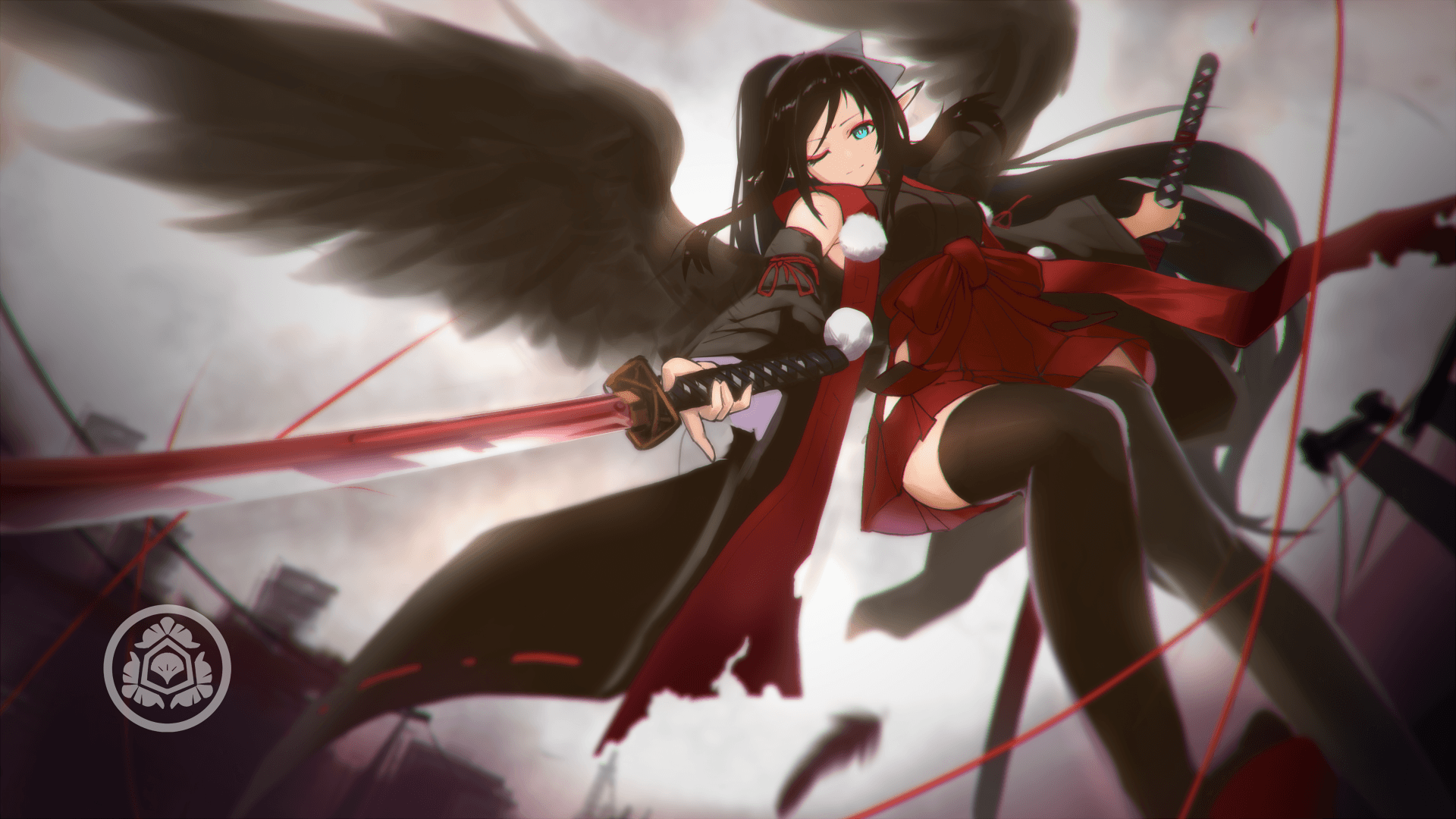 Download 1920x1080 Anime Girl, Black Wings, Wink, Katana, Traditional Clothes Wallpaper for Widescreen