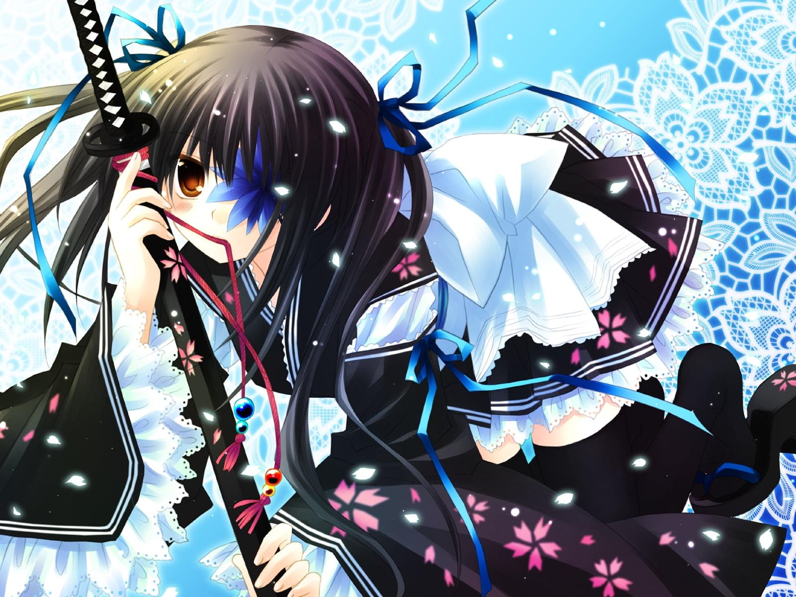 Black haired girl anime character holding katana and wearing