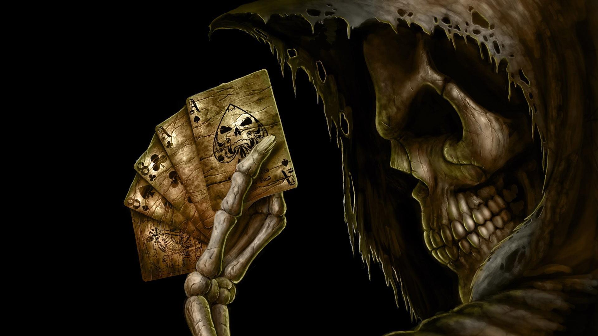 Skeleton holding playing cards illustration, death, cards