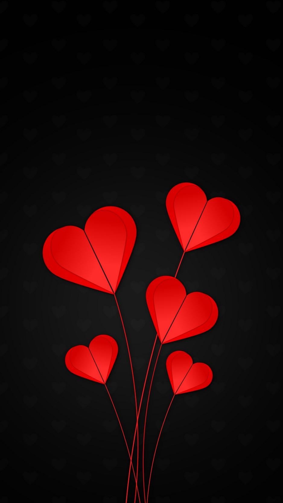 Download wallpaper 938x1668 hearts, red, black background