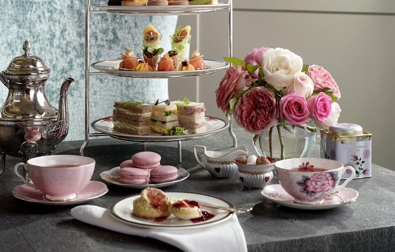 Wallpaper flowers, tea, cakes, afternoon tea image
