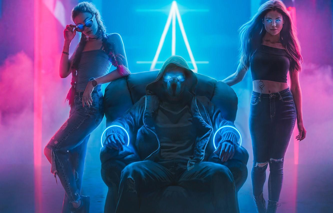 Wallpaper lights, pose, girls, smoke, jeans, neon, mask, jacket, hood, guy, sitting, in the chair, , Cyberpunk, Mikey, Bad boy image for desktop, section арт