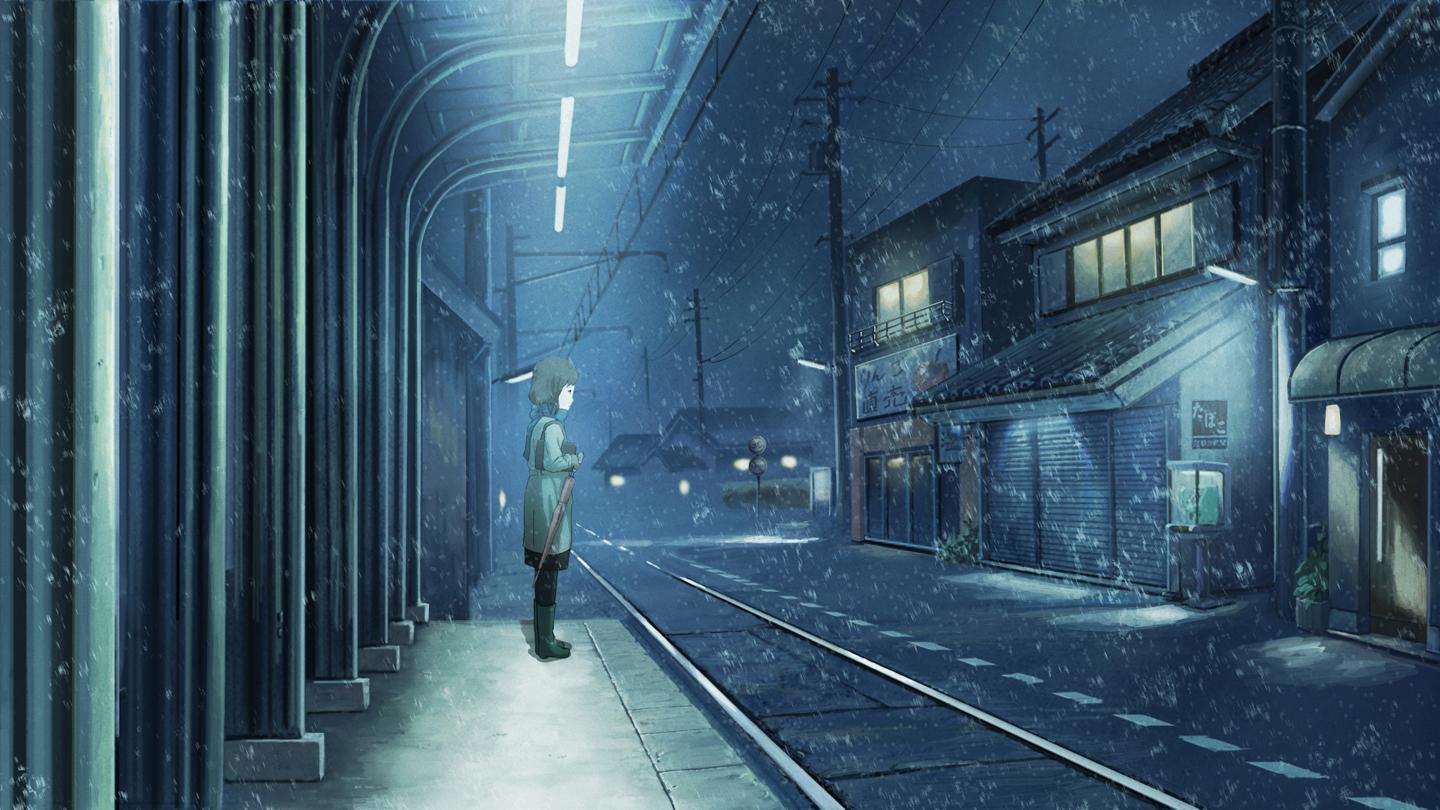 Улица зимой ночью аниме