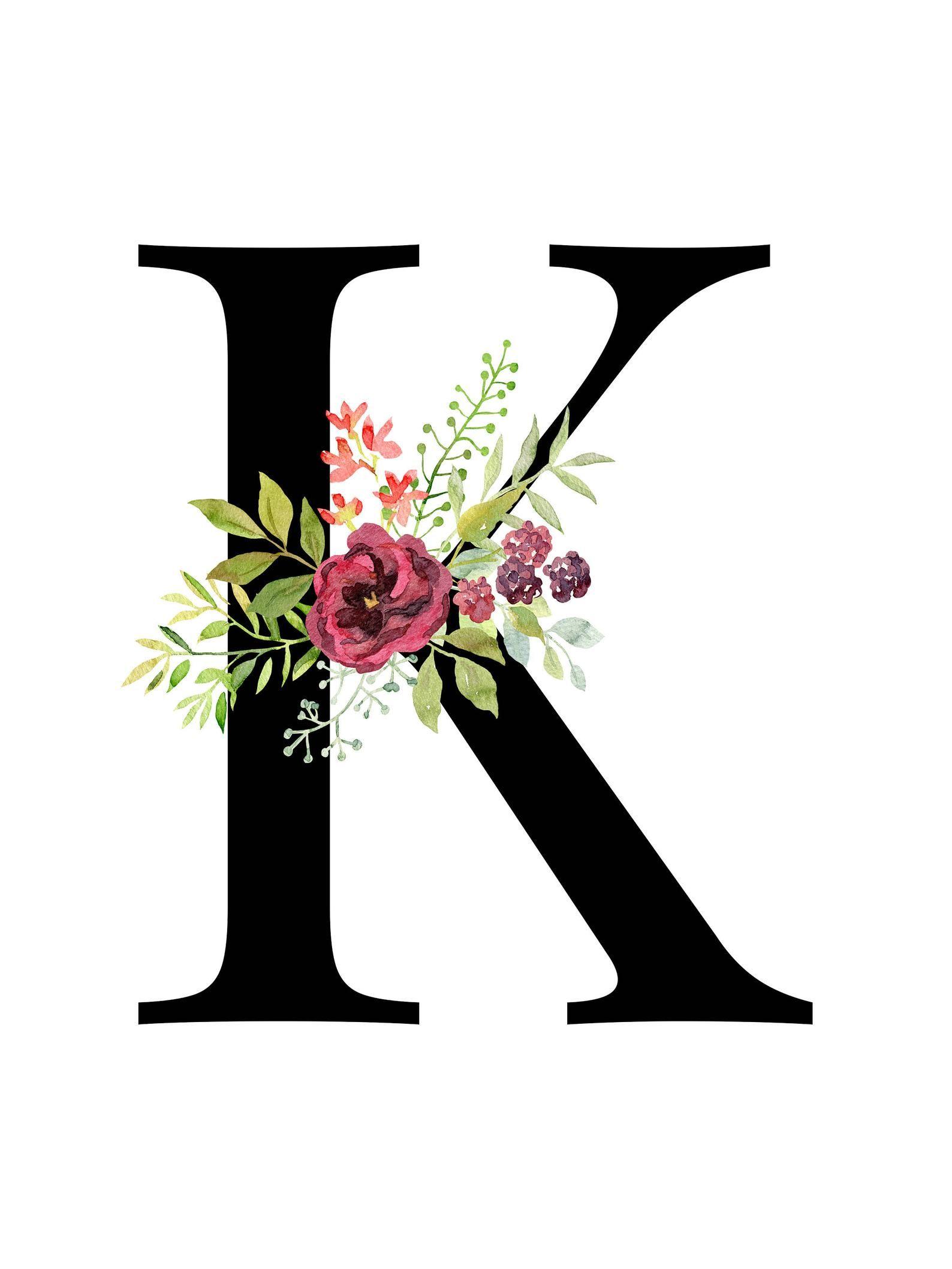 Letter K, Floral, monogram, Printable Letter, Nursery Art
