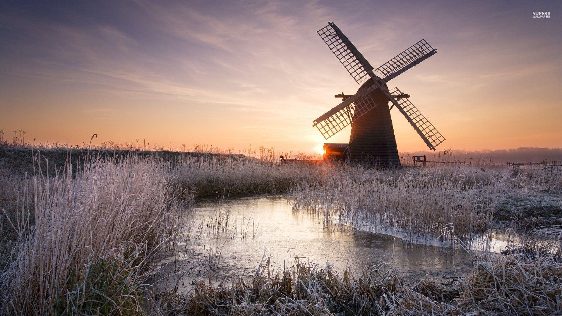 Windmill on a frosty morning. Windmill, Wallpaper, Landscape