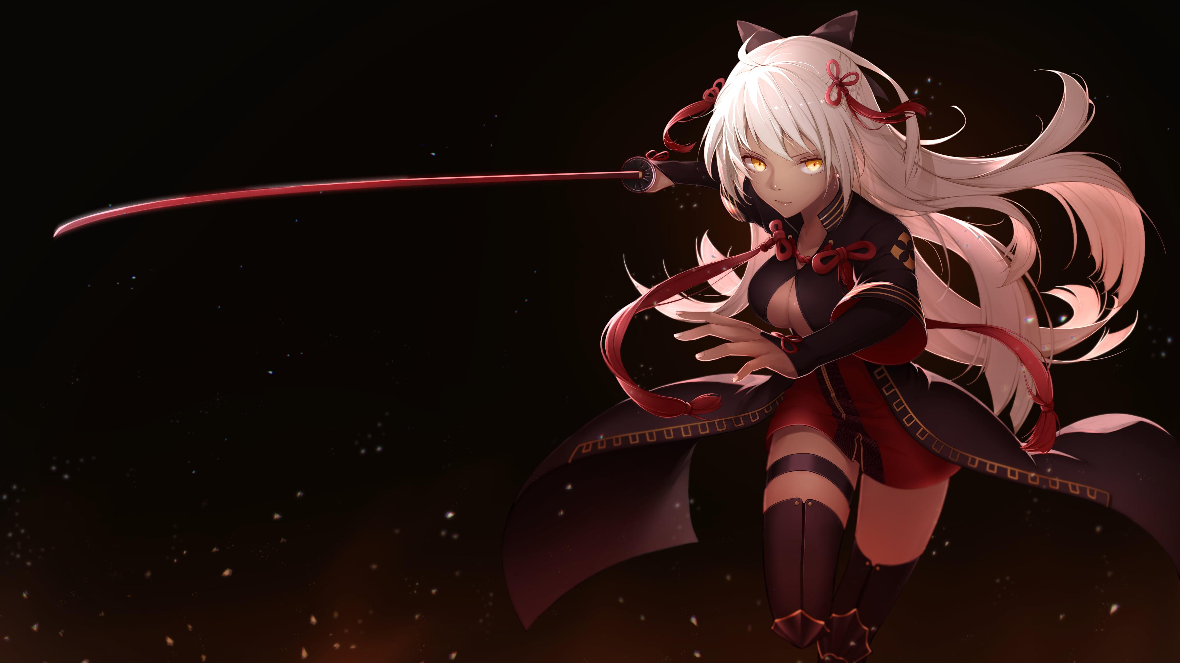White haired female anime character with sword illustration