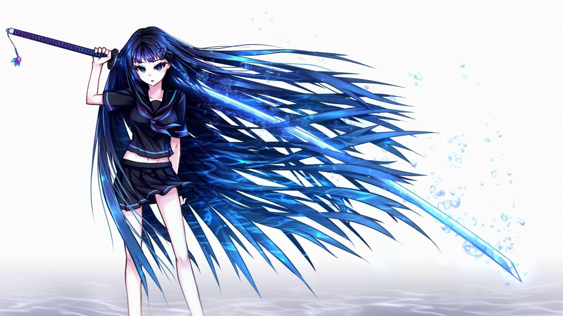 anime girl with blue hair and sword