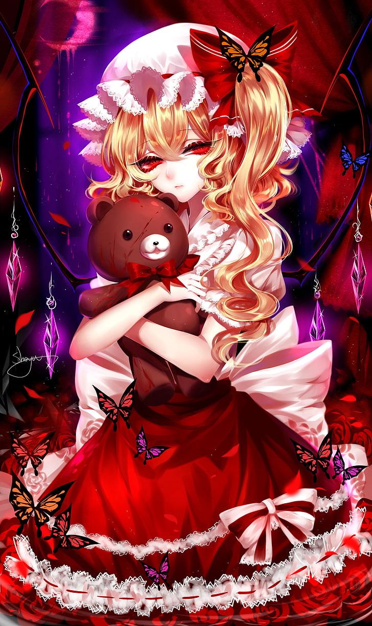 HD wallpaper: girl hugging bear plush toy illustration