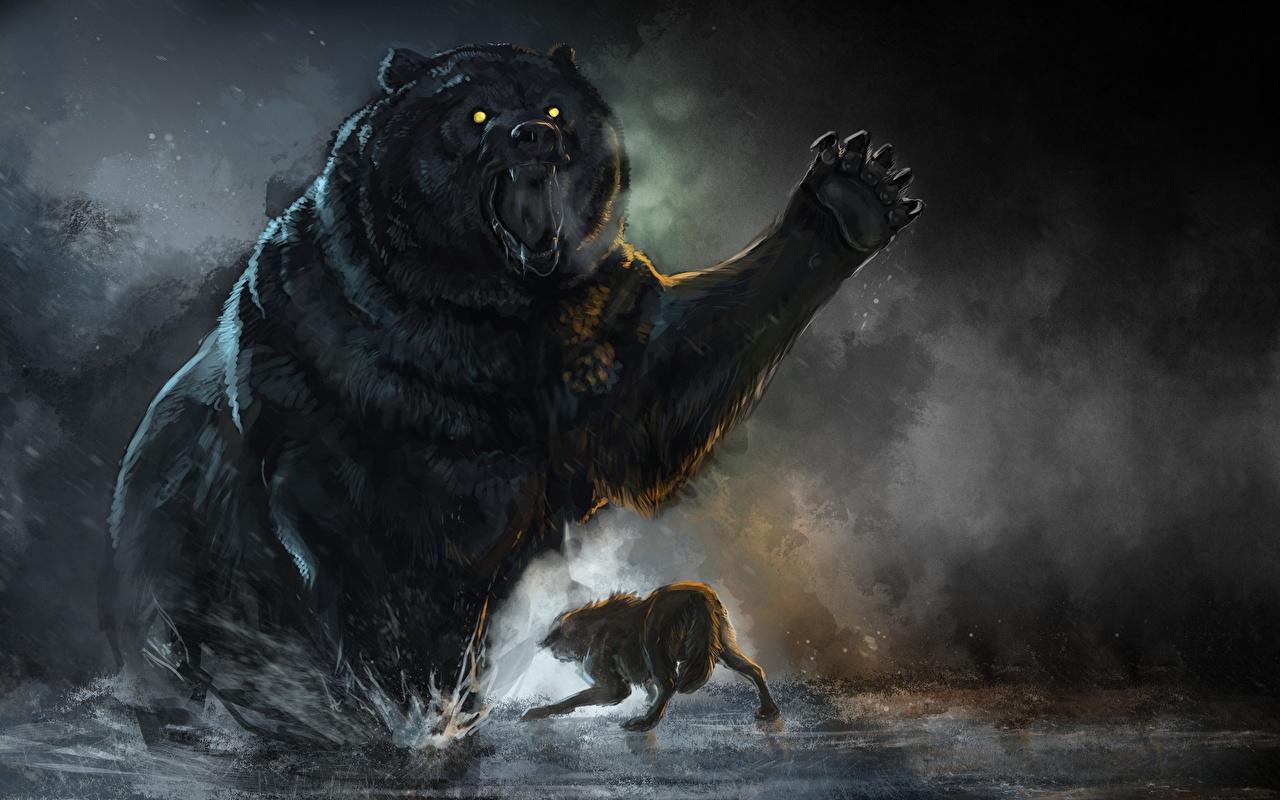 Photo Grizzly Wolves Fight Animals Painting Art