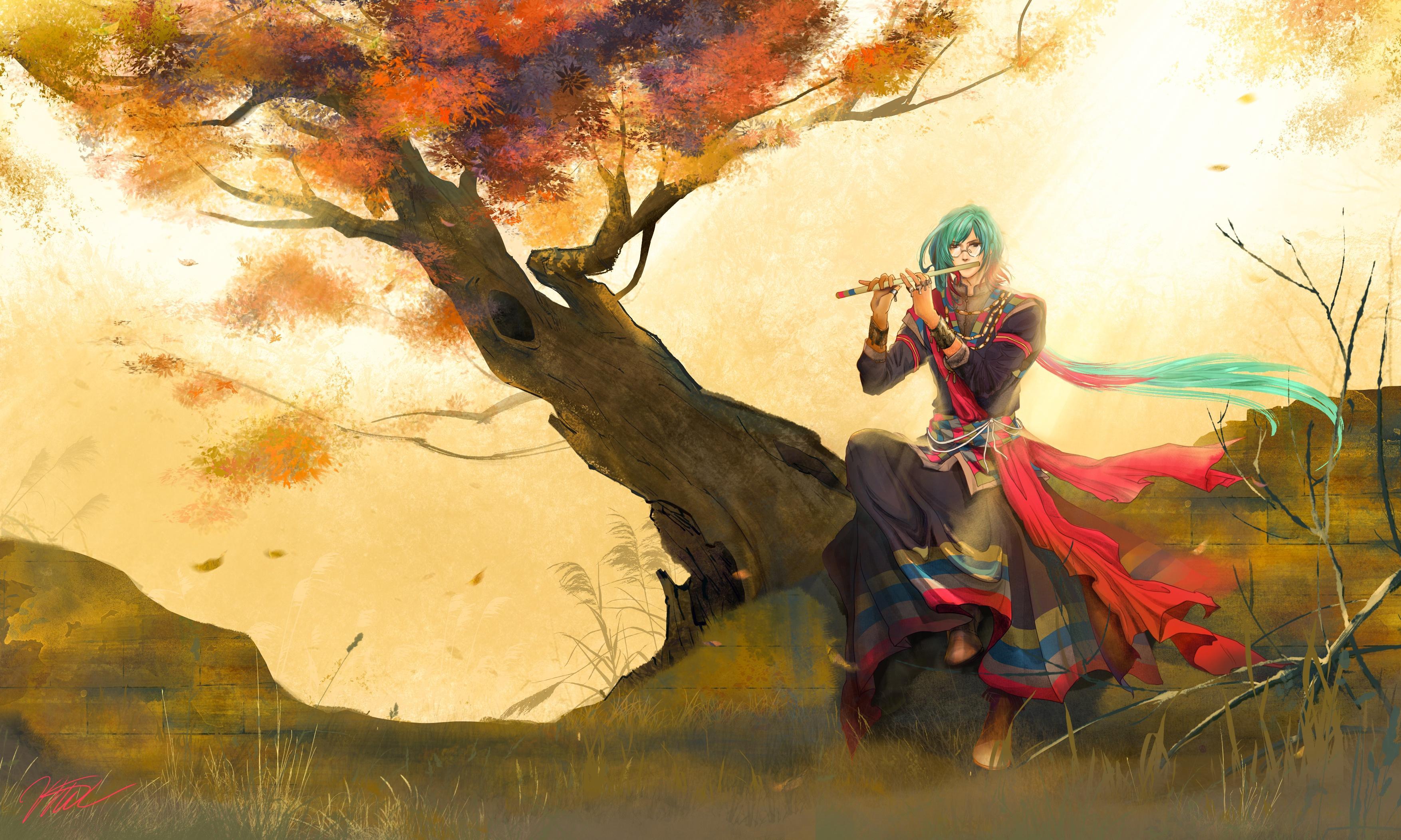 Anime Boy, Flute, Oriental, Fall, Long Hair, Tree