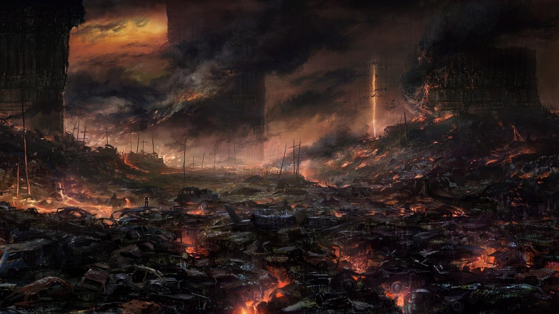 artwork apocalyptic fire wasteland wallpaper