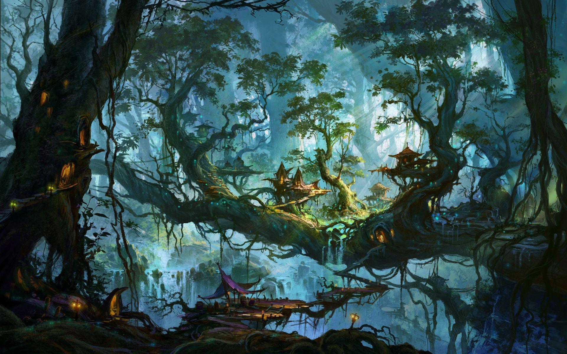 Enchanted Village On The Forest Trees Wallpaper 1920
