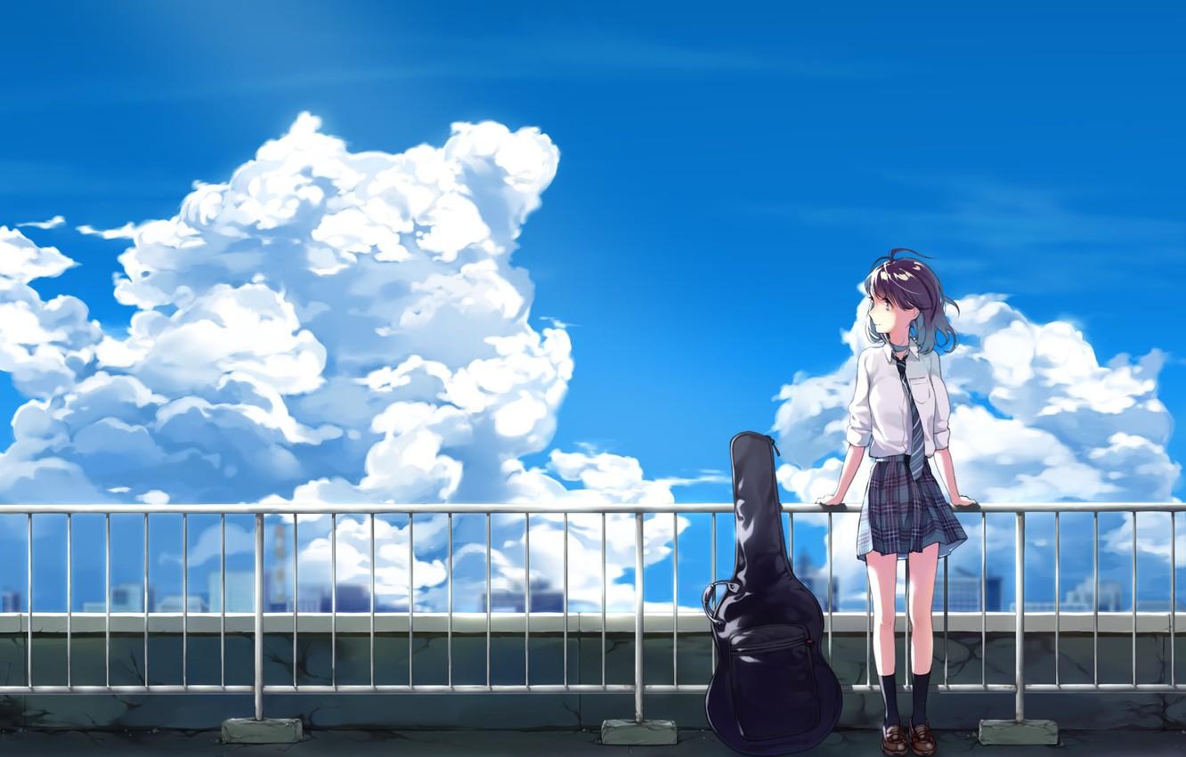 Wallpaper the sky, girl, clouds, guitar, anime, art, tie, form, schoolgirl image for desktop, section прочее