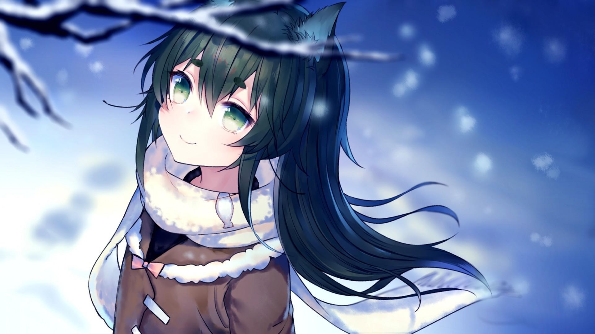 Download 1920x1080 Anime Wolf Girl, Smiling, Scarf, Snow, Black Hair, Animal Ears Wallpaper for Widescreen
