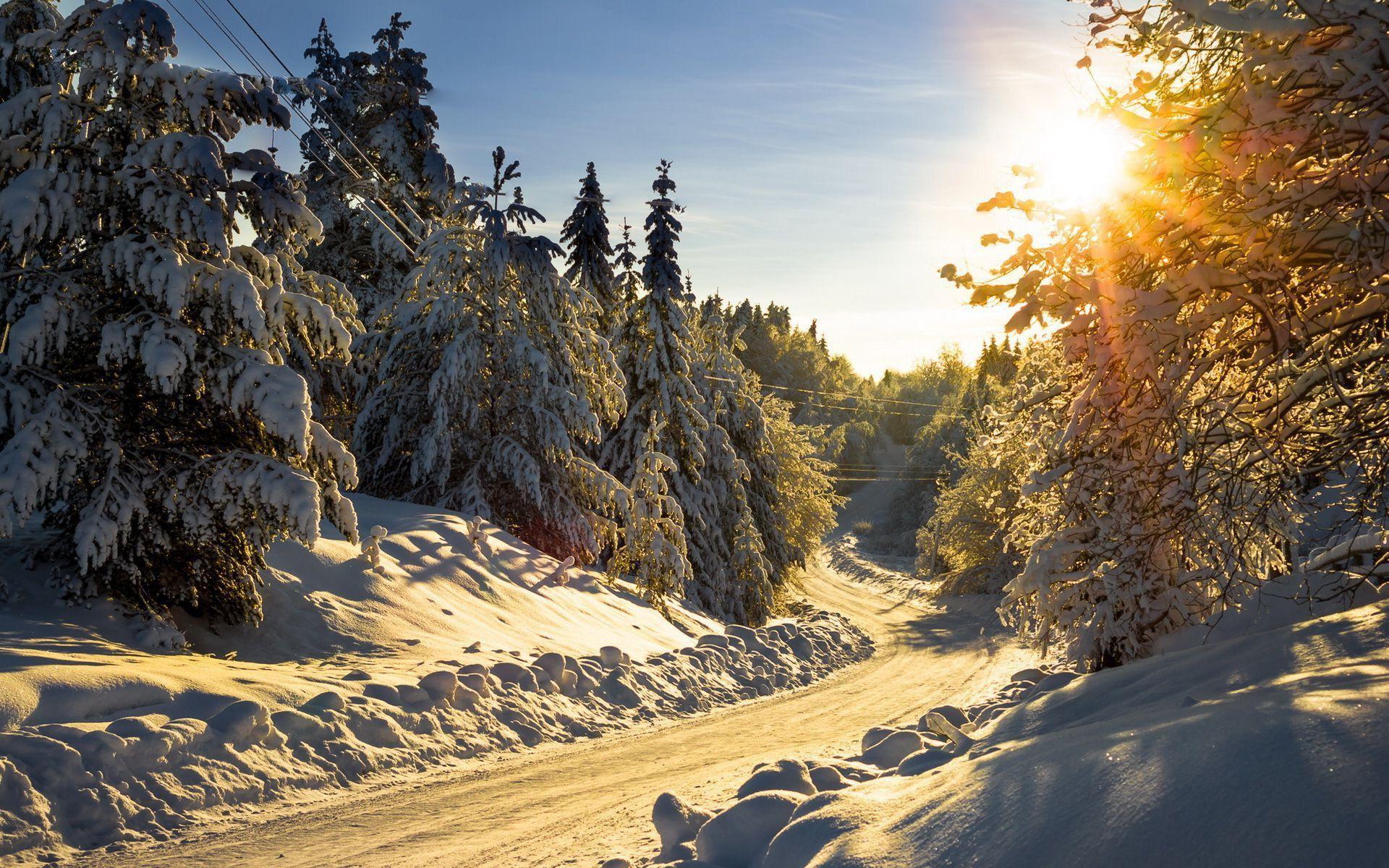 Mountain road full with snow winter day. Beautiful