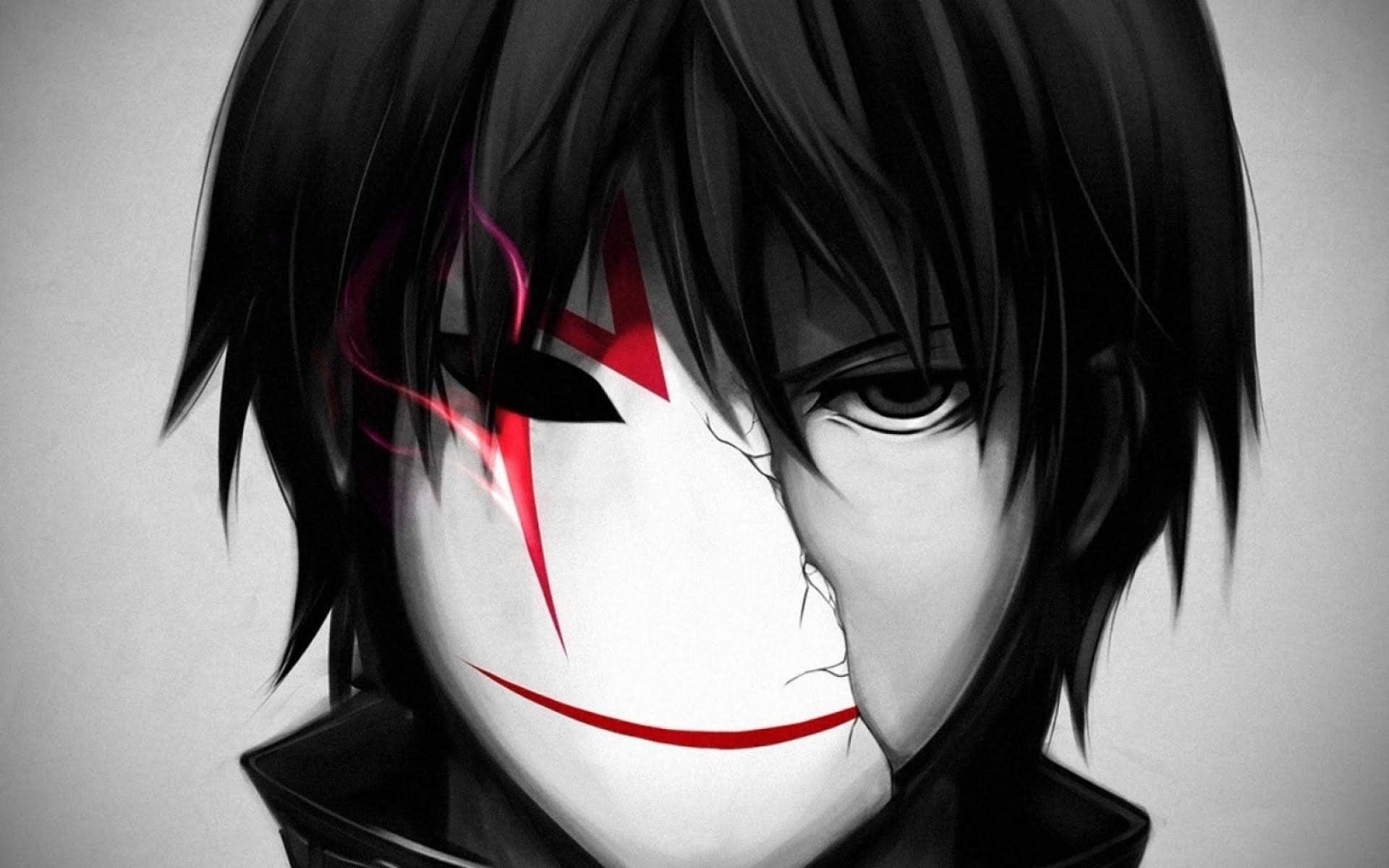 Grayscale photo of male anime character with white and red half mask HD wallpaper