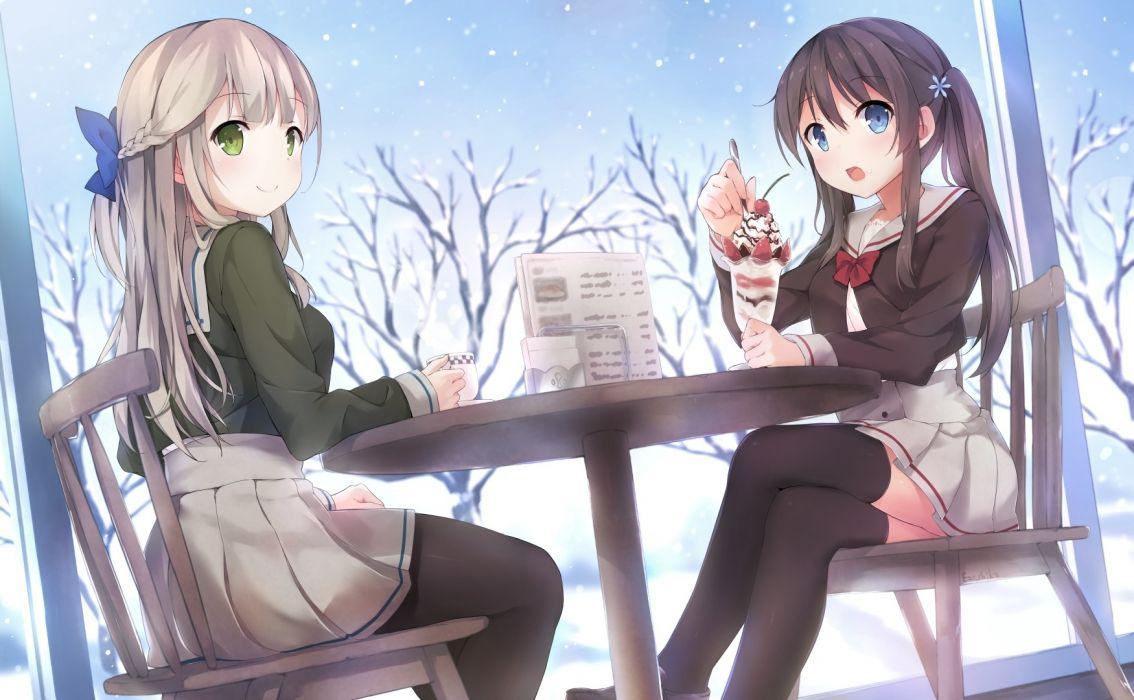 Anime Girls Snow Cafe Eating Desserts School Girls Brown Hair wallpaperx1080