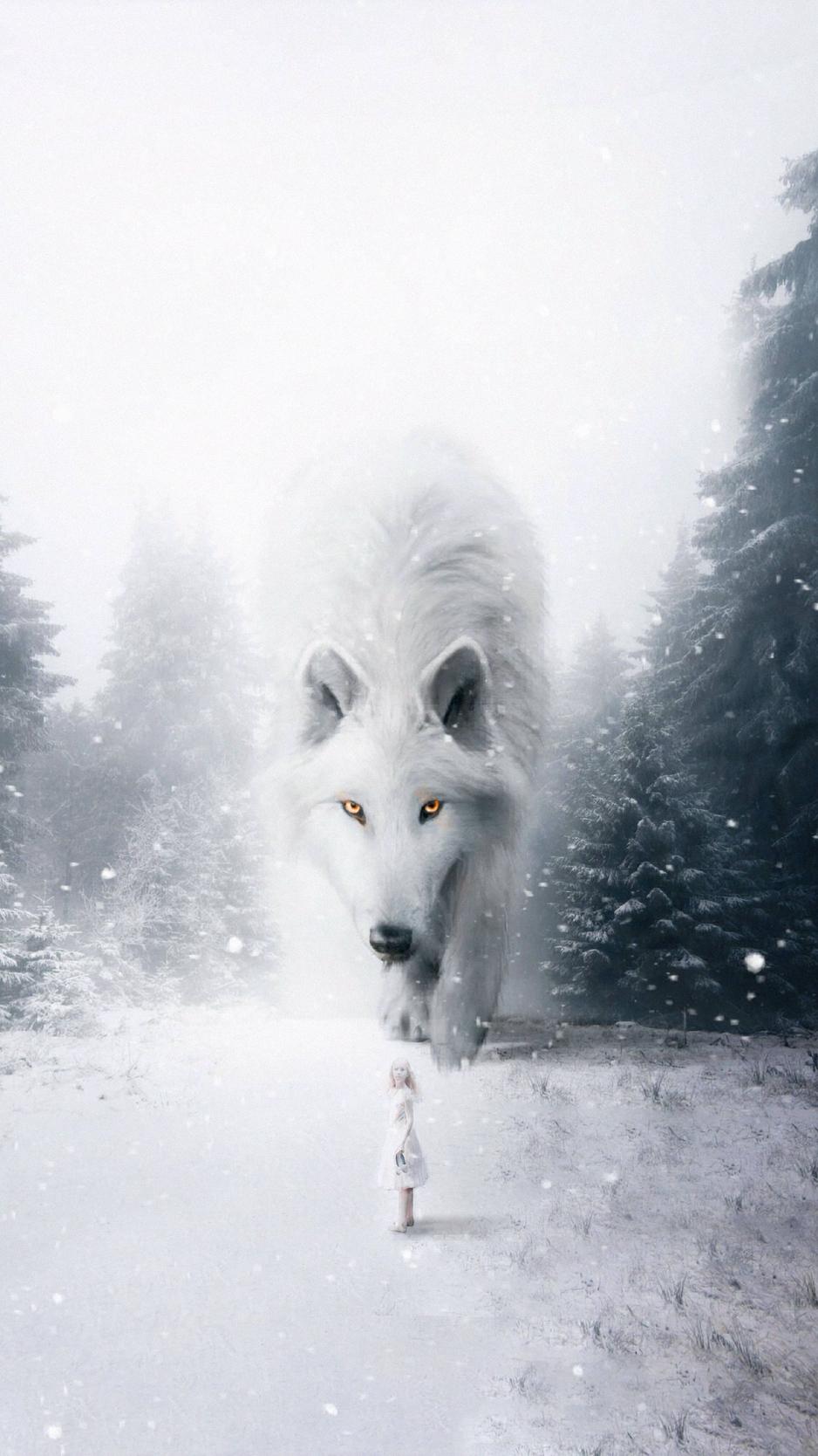 Download wallpapers 938x1668 wolf, child, photoshop, white