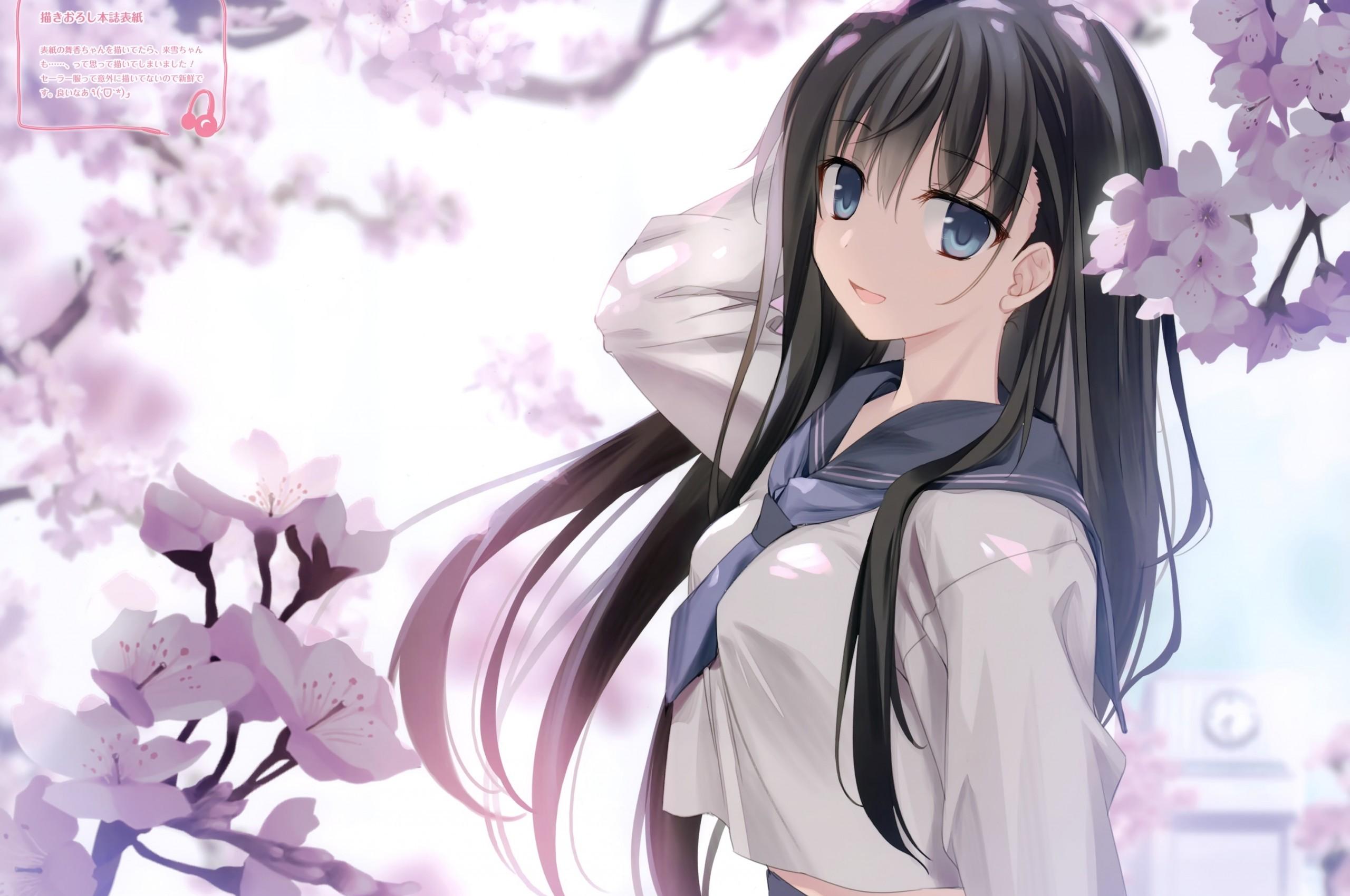 Download 2560x1700 Anime Girl, Cherry Blossom, Black Hair