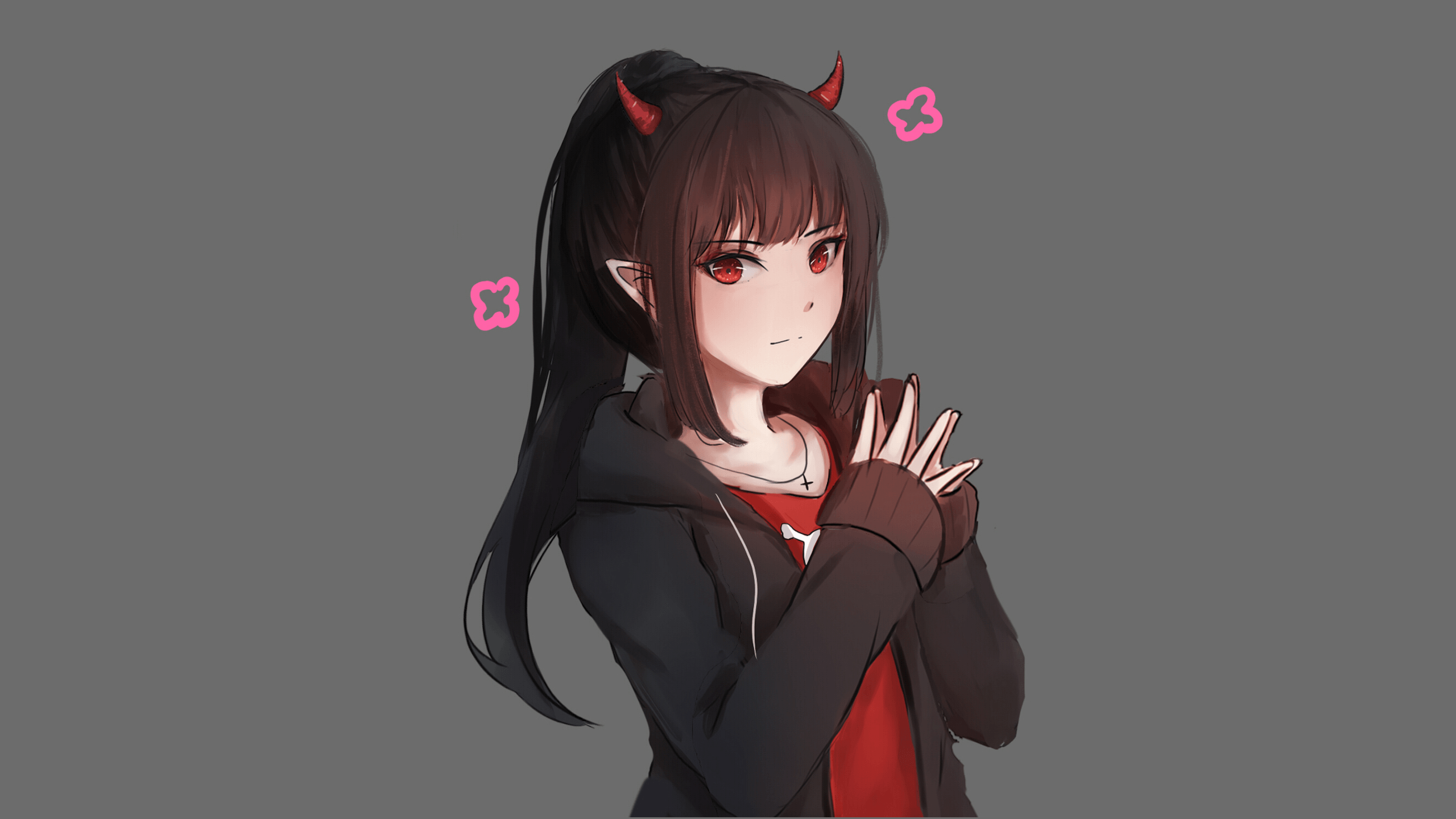 Horns, Long Hair, Girl, Red Eyes, Anime, Smile, Original