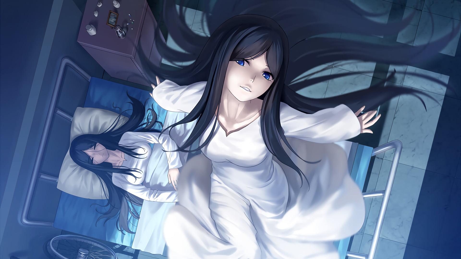 Black Haired Female Anime Character With White Long Sleeved Dress