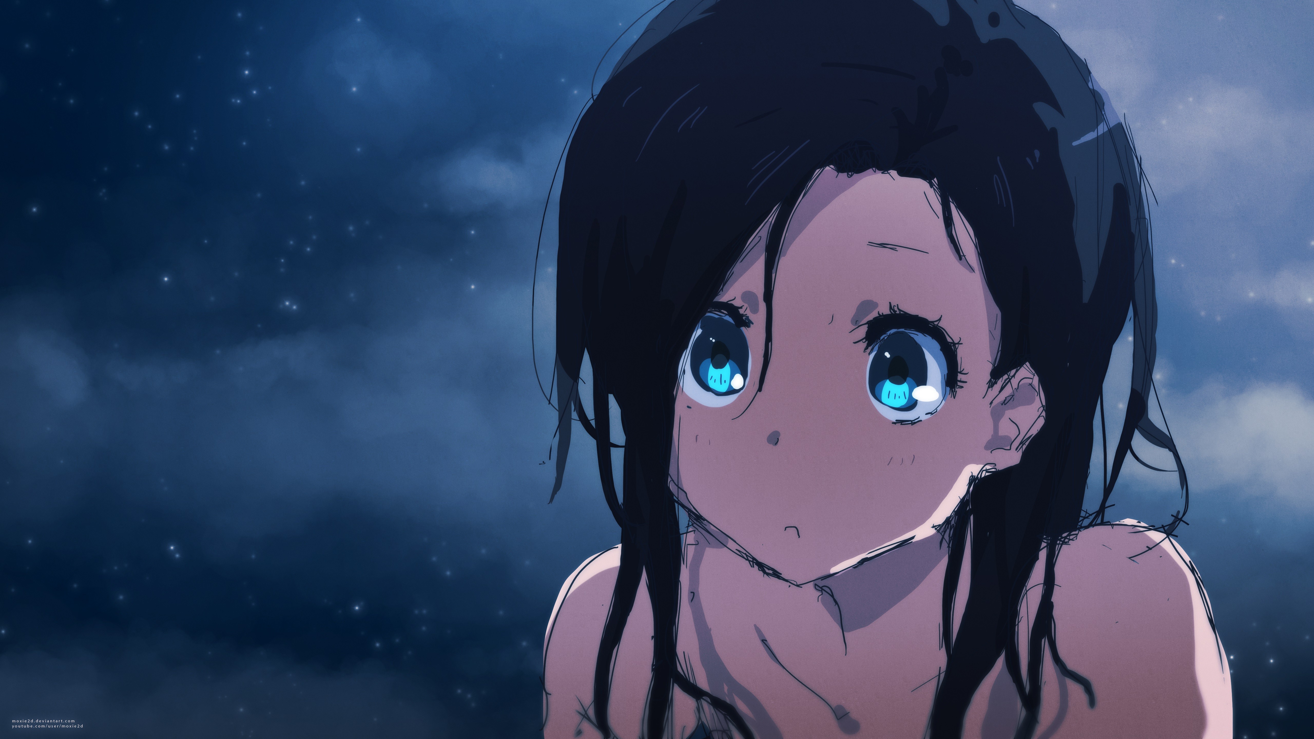 anime girl with short black hair and blue eyes