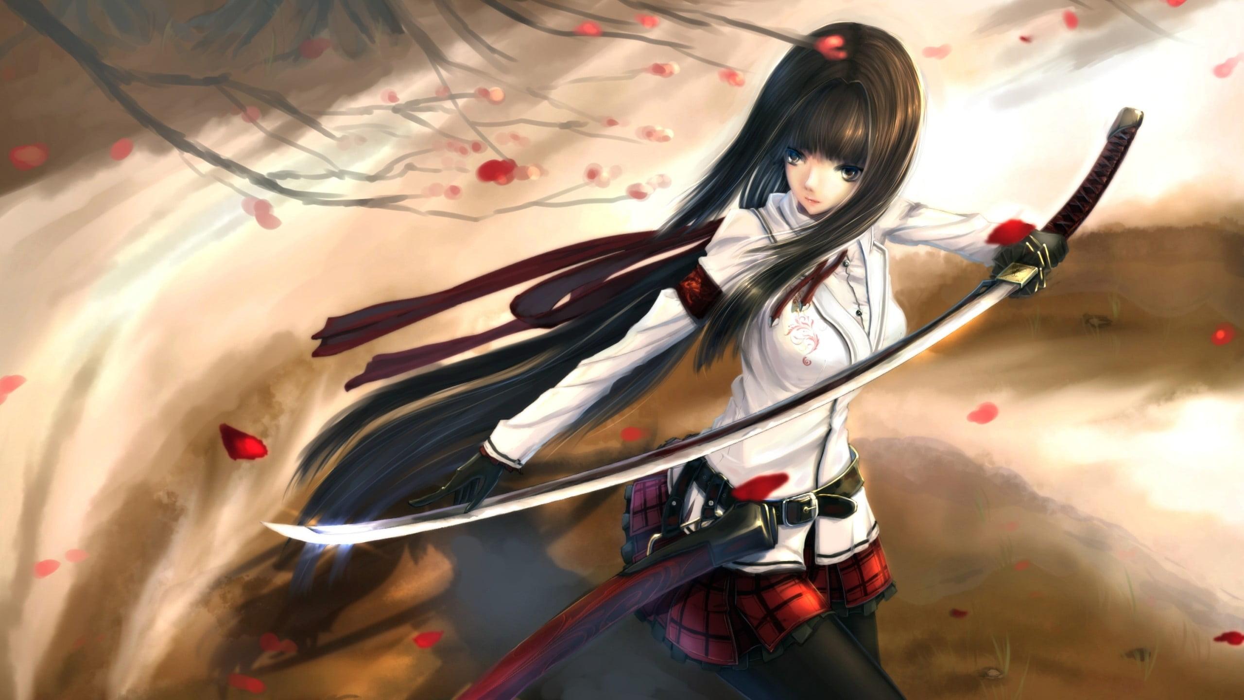 Black haired woman holding sword illustration HD wallpaper