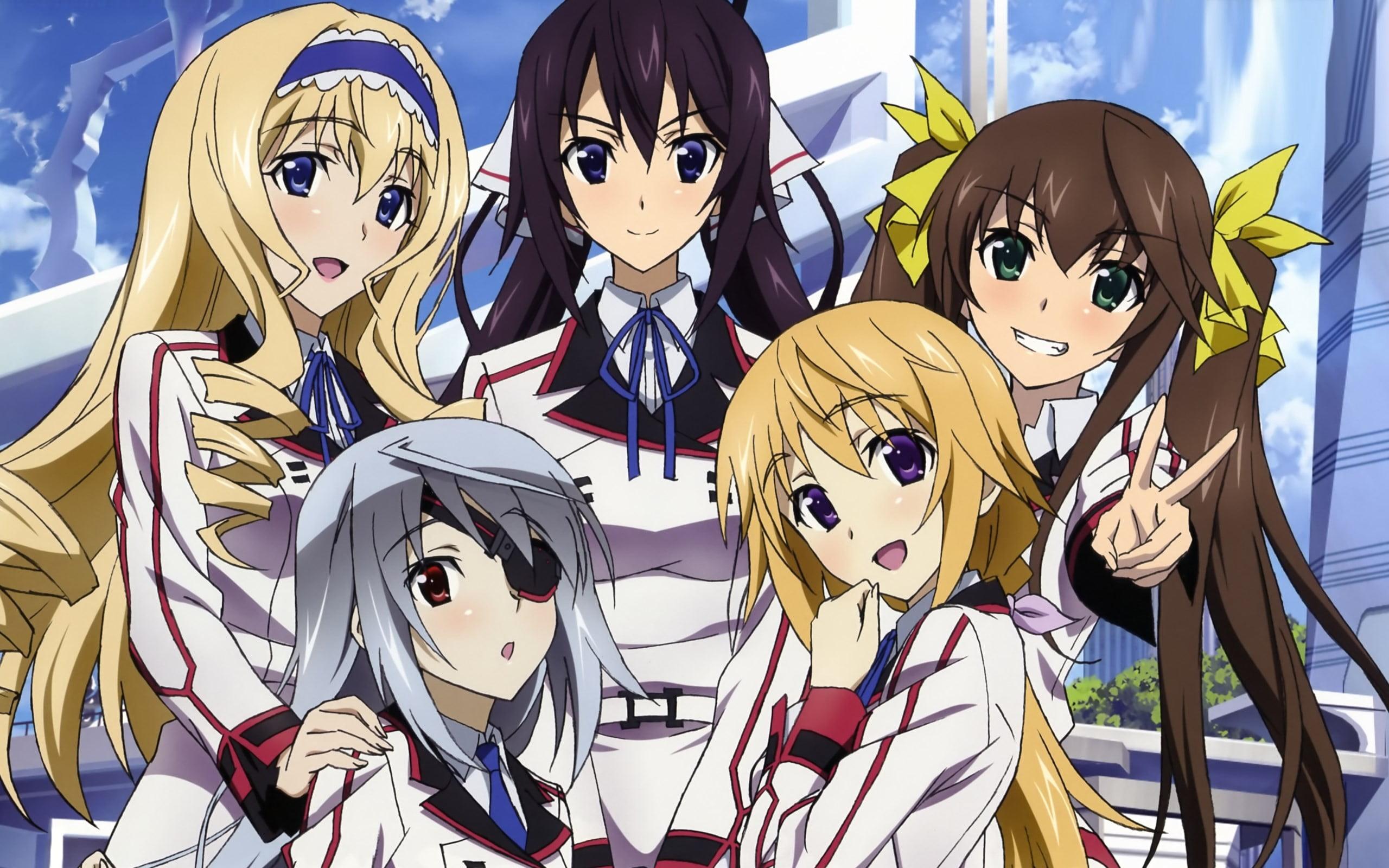 Five female anime character taking group picture HD