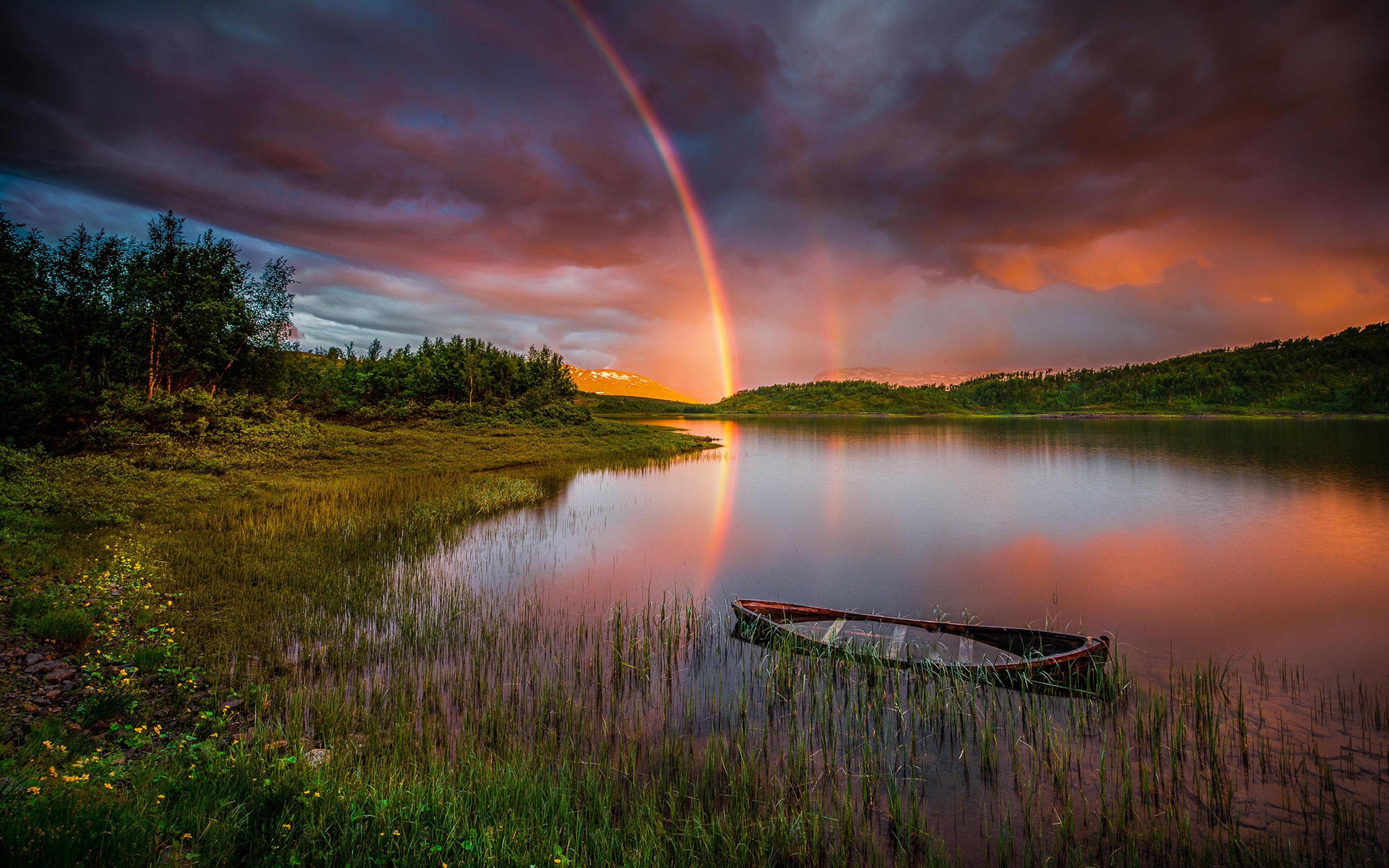 Sunset Rainbow After Rain Lake Boat Forest Trees Sky With Red